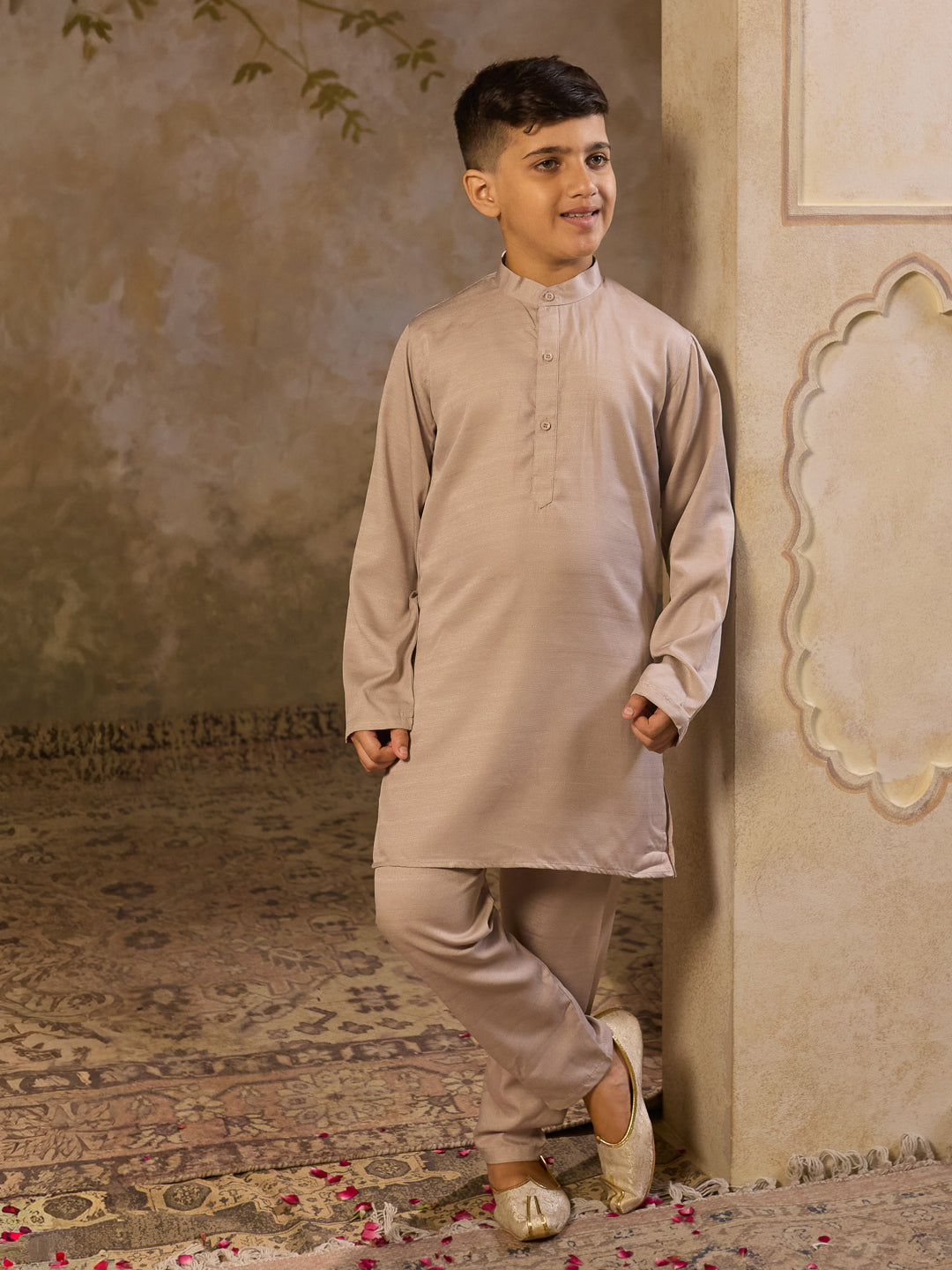 Beige Cotton Blend Full Sleeves Floral Printed Kurta Pyjama with Waistcoat for Boys