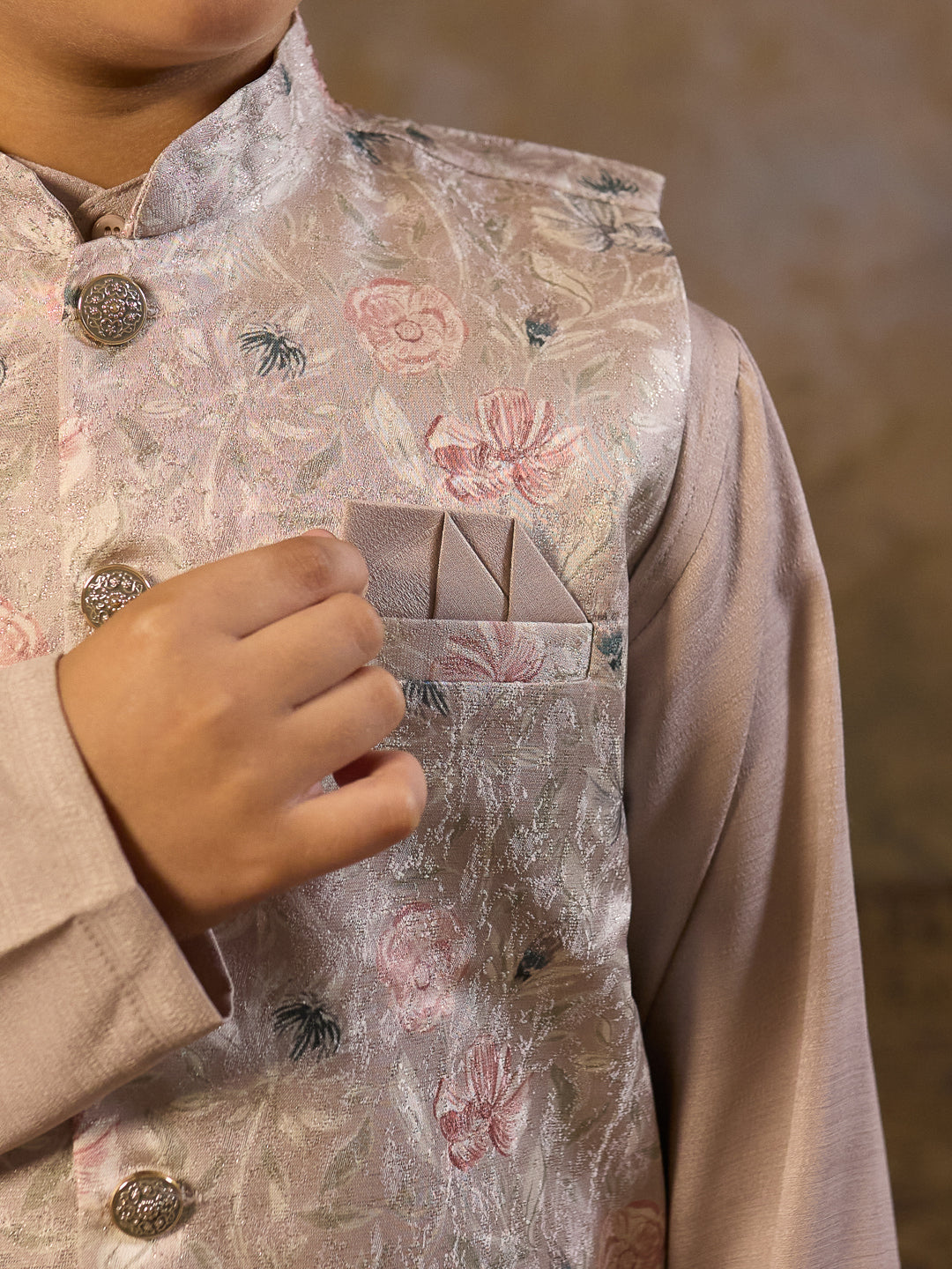 AJ Dezines Beige Cotton Blend Full sleeves Floral Printed Kurta Pyjama Waistcoat for Boys