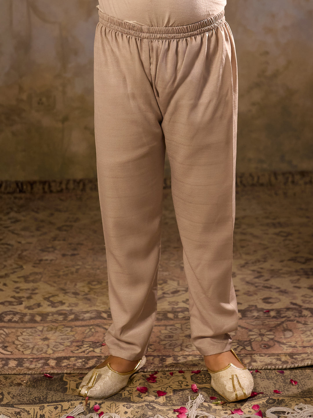 Beige Cotton Blend Full Sleeves Floral Printed Kurta Pyjama with Waistcoat for Boys