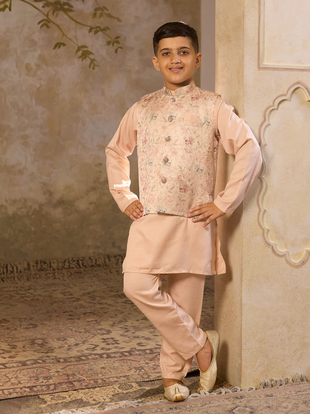 Pink Cotton Blend Full Sleeves Floral Printed Kurta Pyjama with Waistcoat for Boys