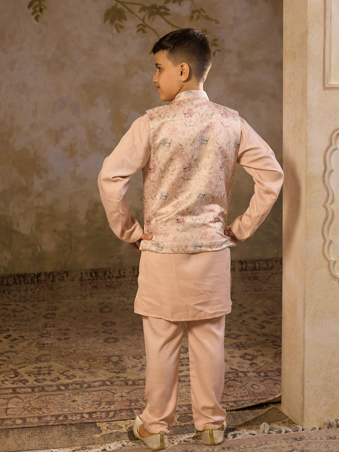 Pink Cotton Blend Full Sleeves Floral Printed Kurta Pyjama with Waistcoat for Boys