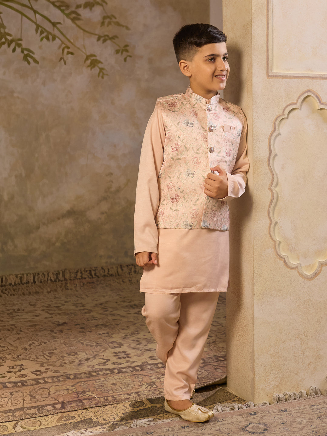 Pink Cotton Blend Full Sleeves Floral Printed Kurta Pyjama with Waistcoat for Boys