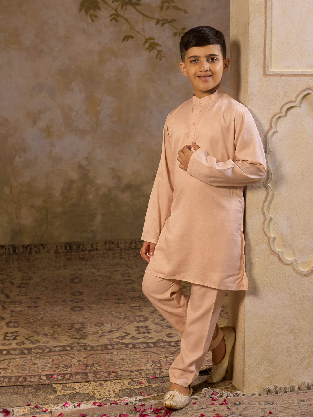 Pink Cotton Blend Full Sleeves Floral Printed Kurta Pyjama with Waistcoat for Boys