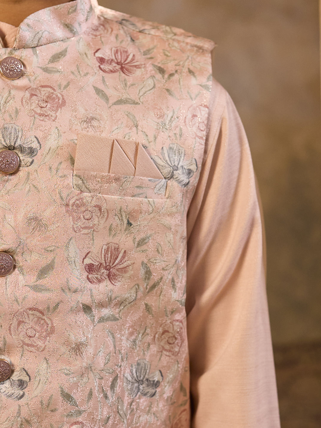 Pink Cotton Blend Full Sleeves Floral Printed Kurta Pyjama with Waistcoat for Boys