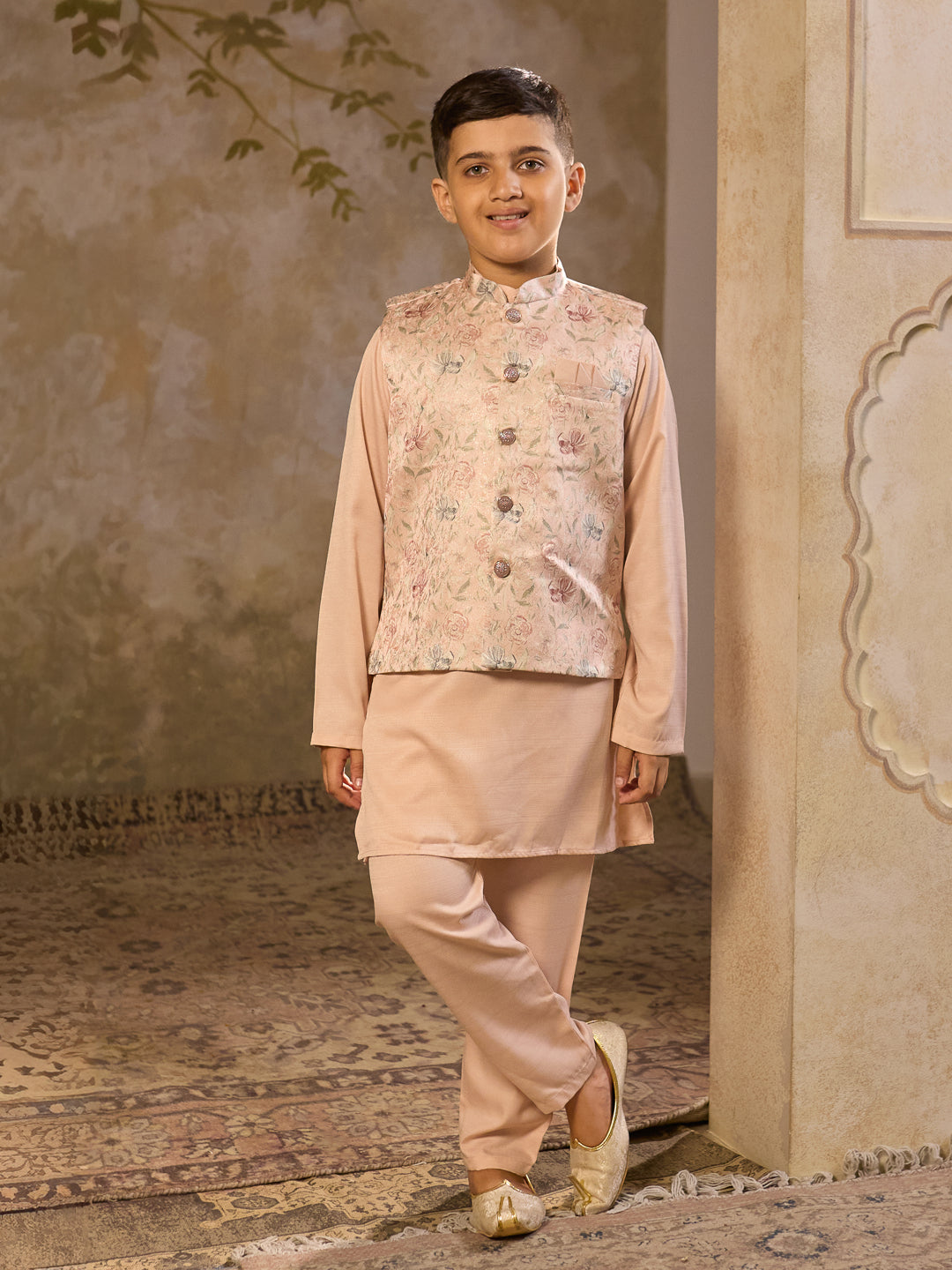 Pink Cotton Blend Full Sleeves Floral Printed Kurta Pyjama with Waistcoat for Boys