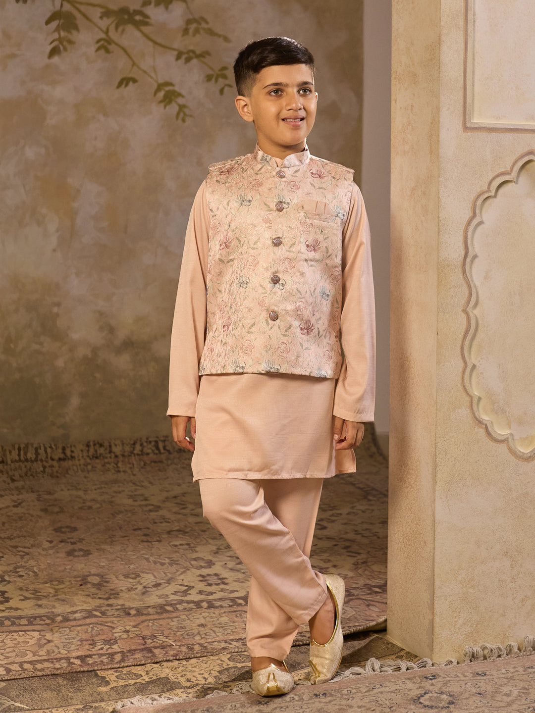 Pink Cotton Blend Full Sleeves Floral Printed Kurta Pyjama with Waistcoat for Boys