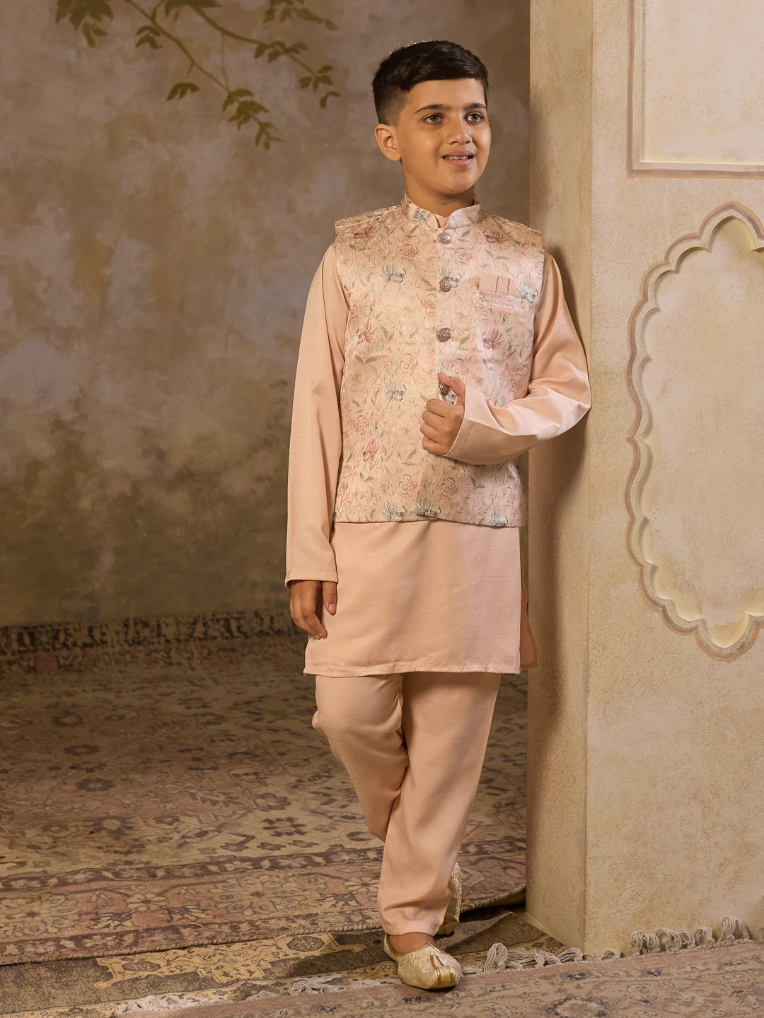 AJ Dezines Pink Cotton Blend Full sleeves Floral Printed Kurta Pyjama Waistcoat for Boys