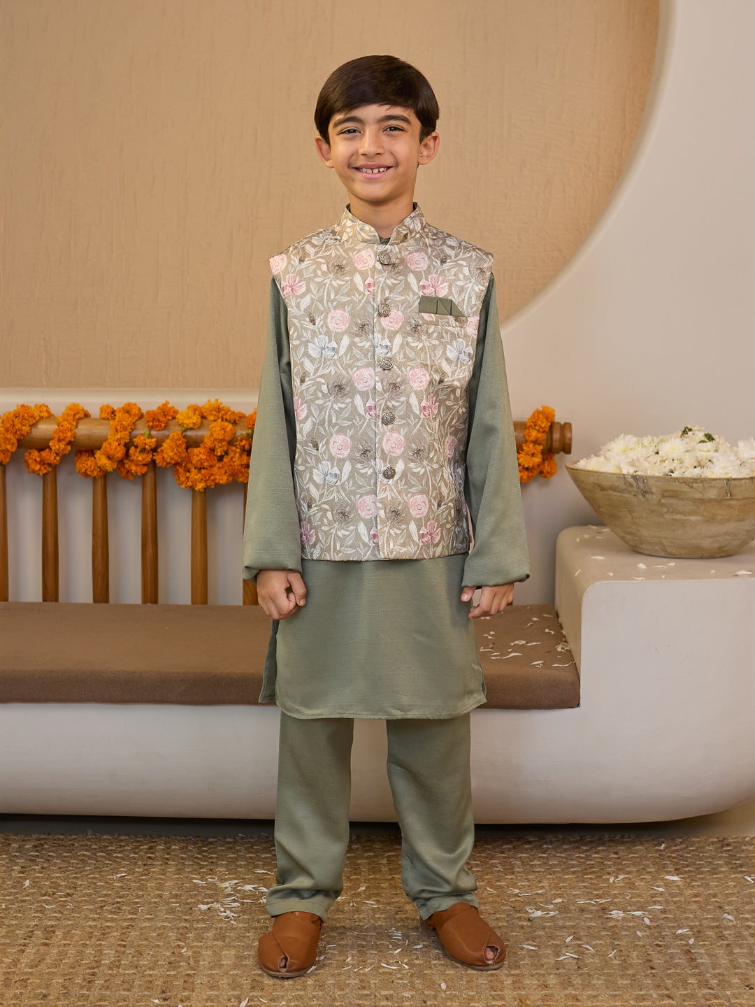 Pista Cotton Blend Full Sleeves Floral Printed Kurta Pyjama with Waistcoat for Boys