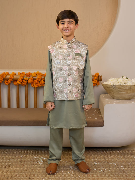 AJ Dezines Pista Cotton Blend Full sleeves Floral Printed Kurta Pyjama Waistcoat for Boys