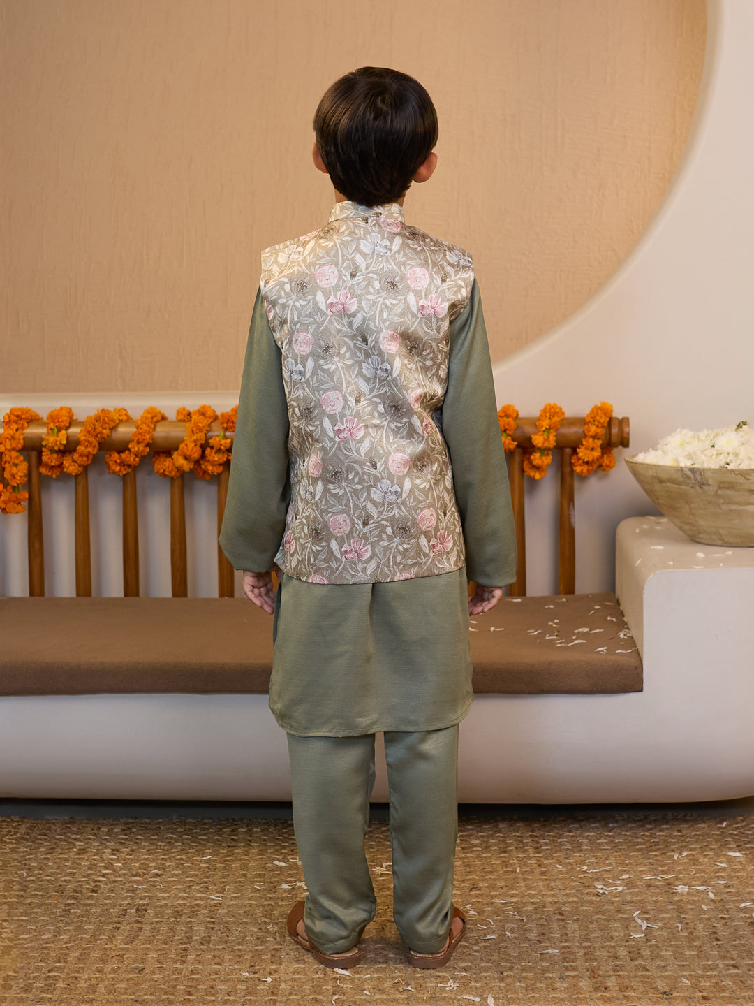 Pista Cotton Blend Full Sleeves Floral Printed Kurta Pyjama with Waistcoat for Boys