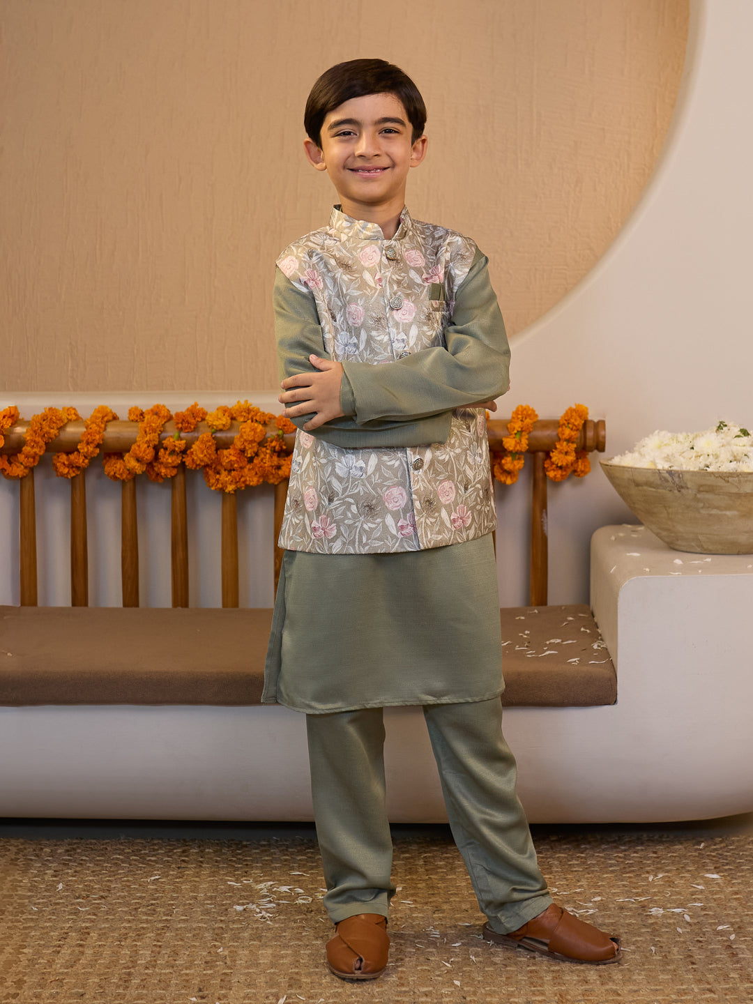 Pista Cotton Blend Full Sleeves Floral Printed Kurta Pyjama with Waistcoat for Boys