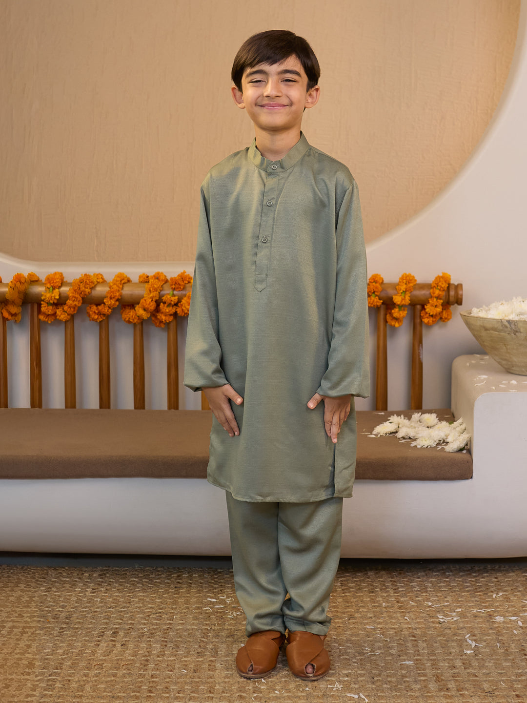Pista Cotton Blend Full Sleeves Floral Printed Kurta Pyjama with Waistcoat for Boys