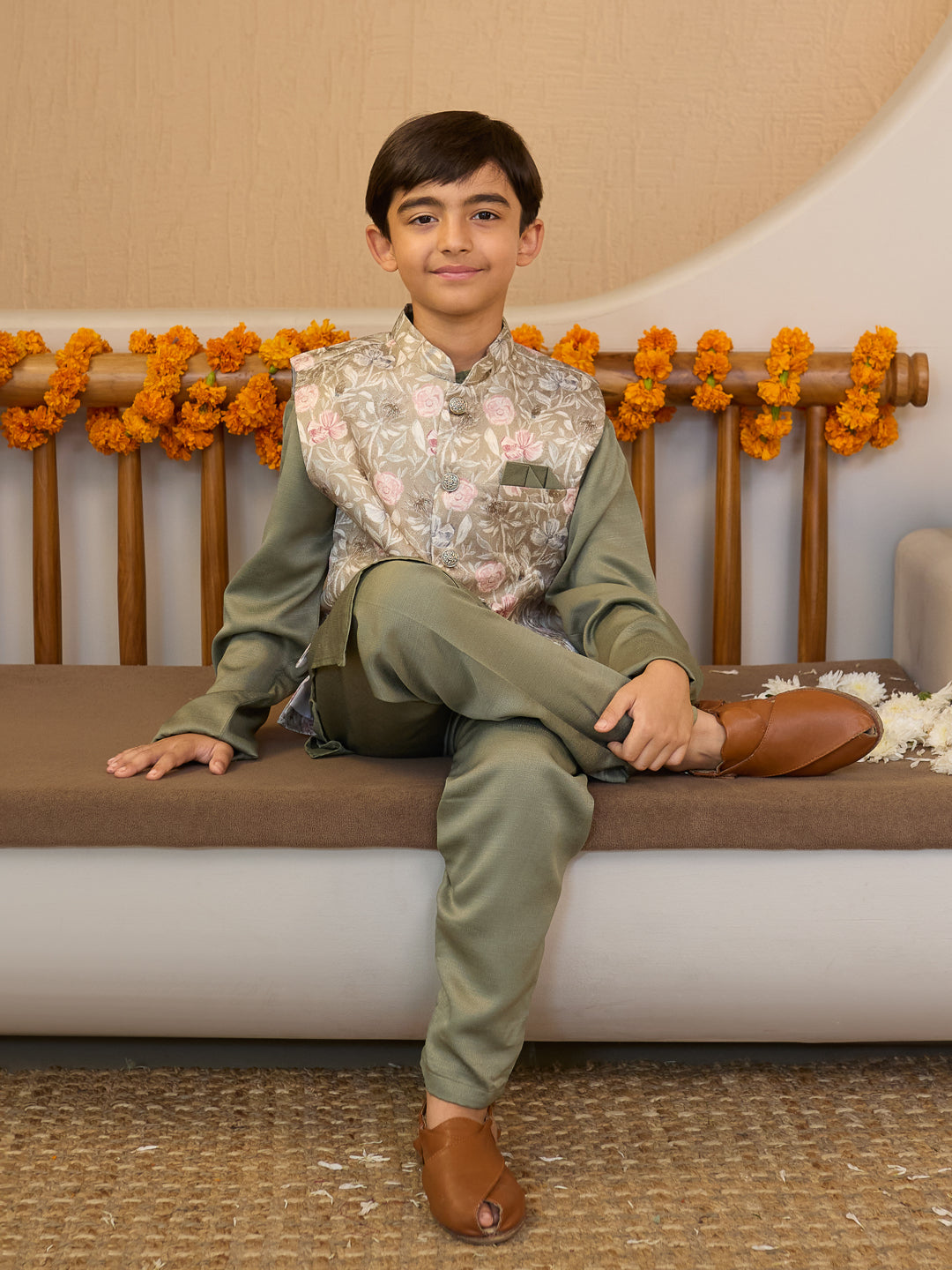 Pista Cotton Blend Full Sleeves Floral Printed Kurta Pyjama with Waistcoat for Boys