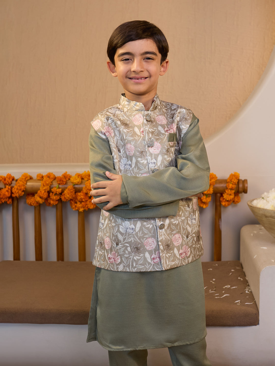 Pista Cotton Blend Full Sleeves Floral Printed Kurta Pyjama with Waistcoat for Boys