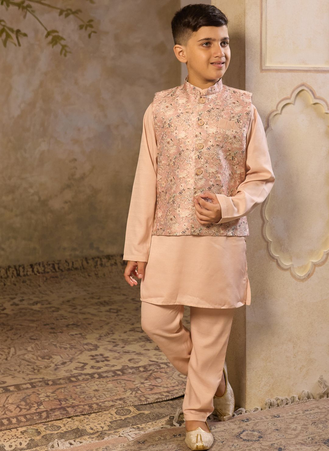 Boys Beige Cotton Blend Kurta Pyjama with Full Sleeves & Floral Print Waistcoat