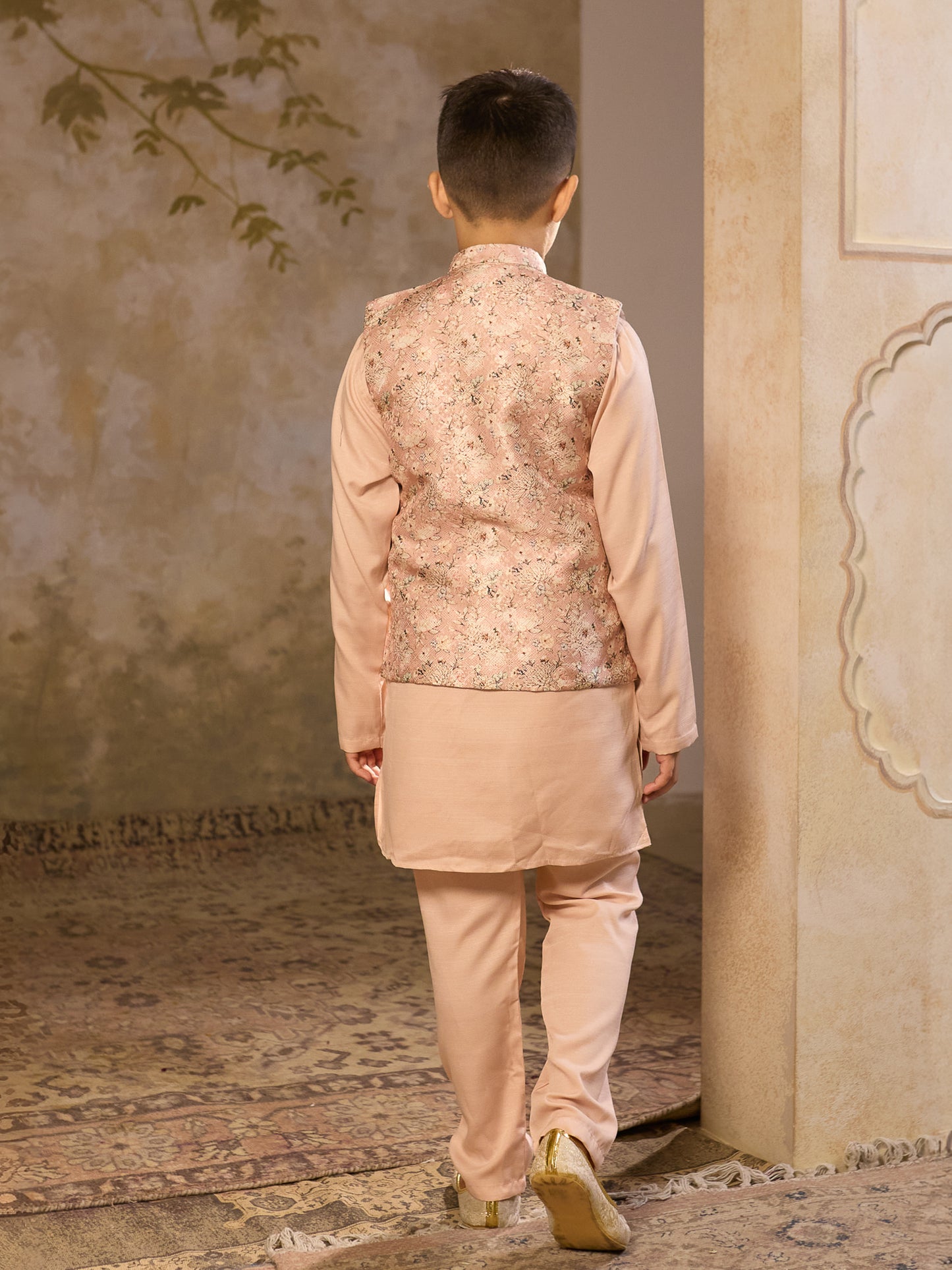 AJ Dezines Beige Cotton Blend Full sleeves Floral Printed Kurta Pyjama Waistcoat for Boys