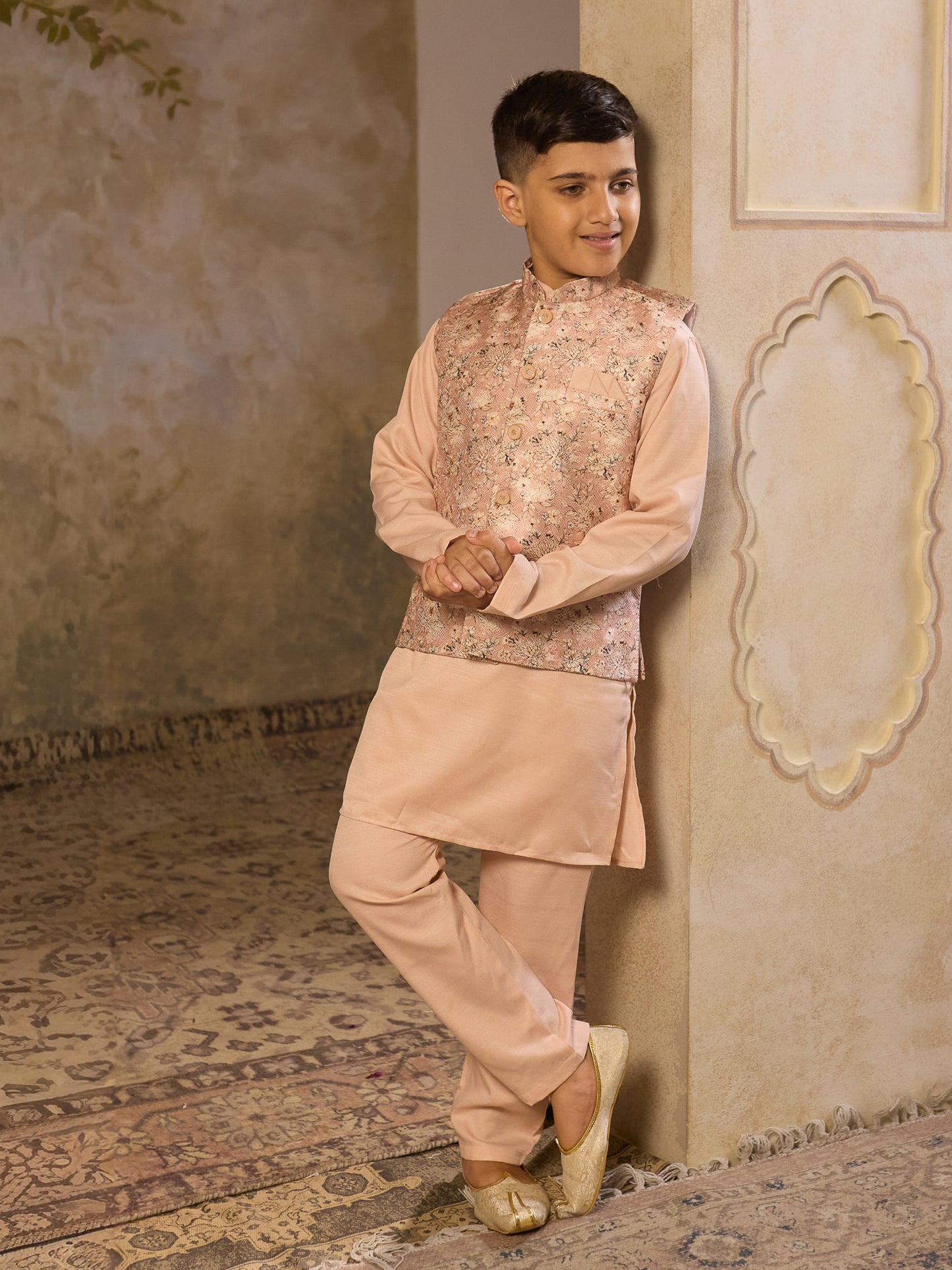 AJ Dezines Beige Cotton Blend Full sleeves Floral Printed Kurta Pyjama Waistcoat for Boys