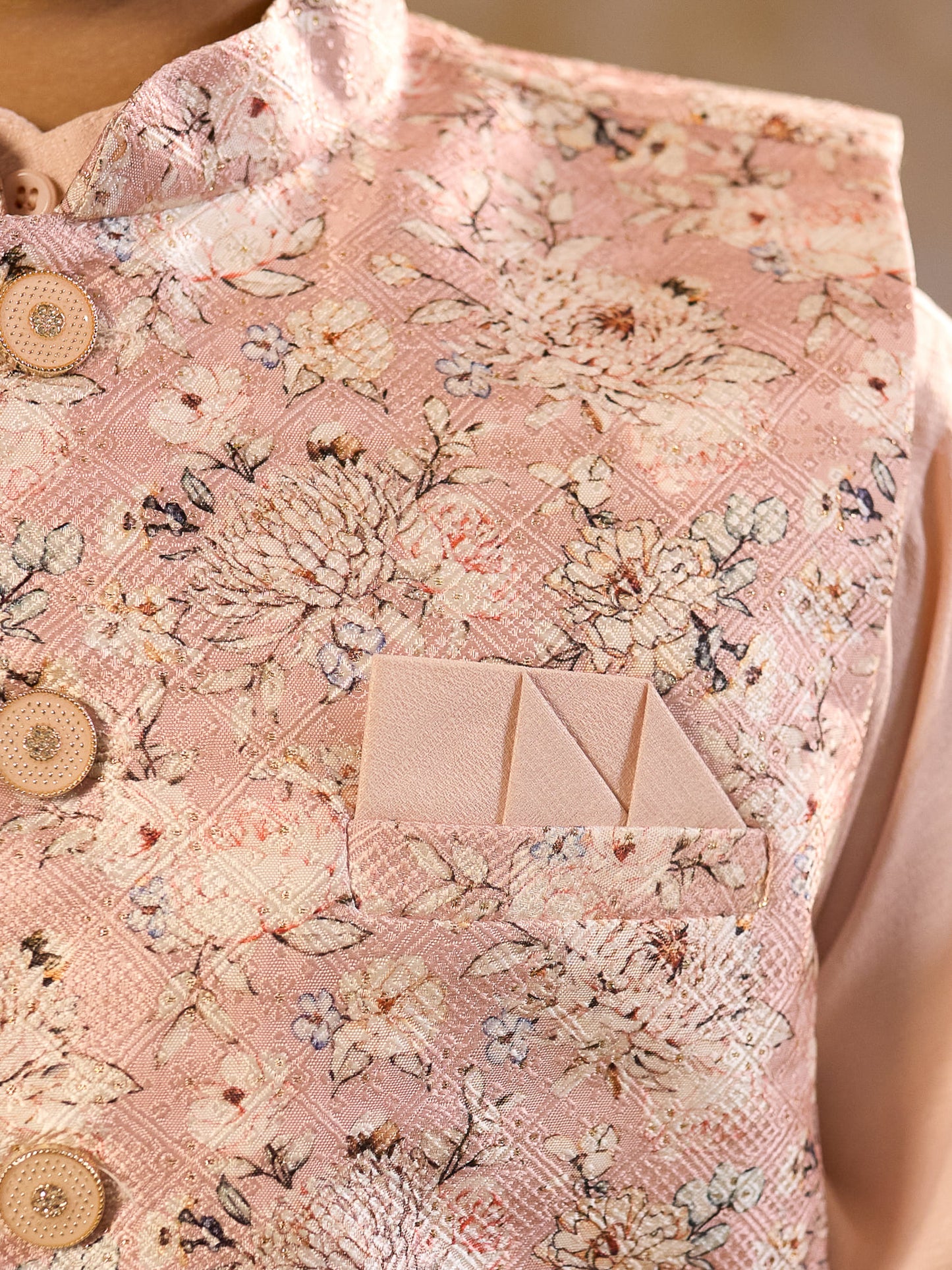 AJ Dezines Beige Cotton Blend Full sleeves Floral Printed Kurta Pyjama Waistcoat for Boys