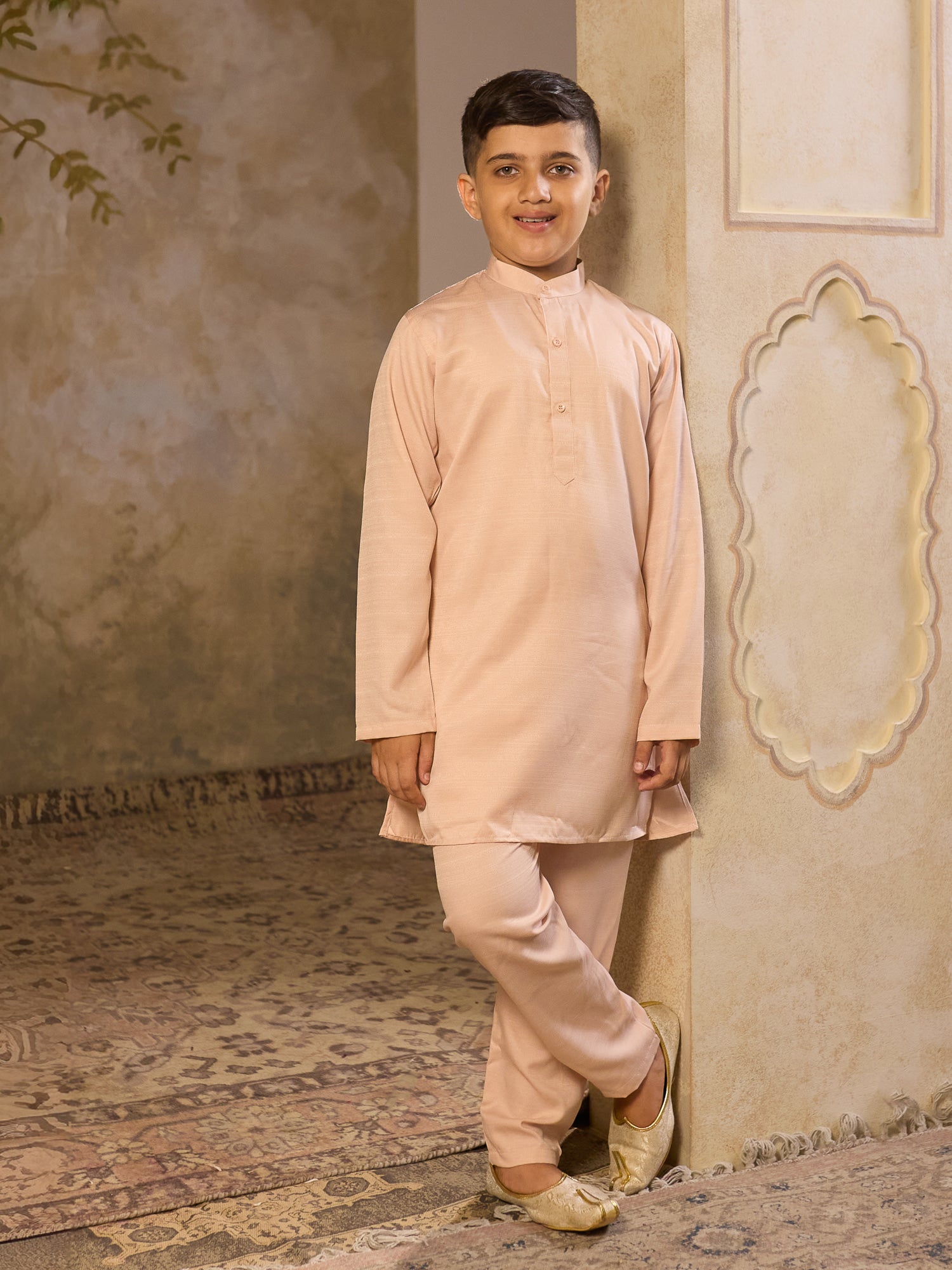 Boys Beige Cotton Blend Kurta Pyjama with Full Sleeves & Floral Print Waistcoat