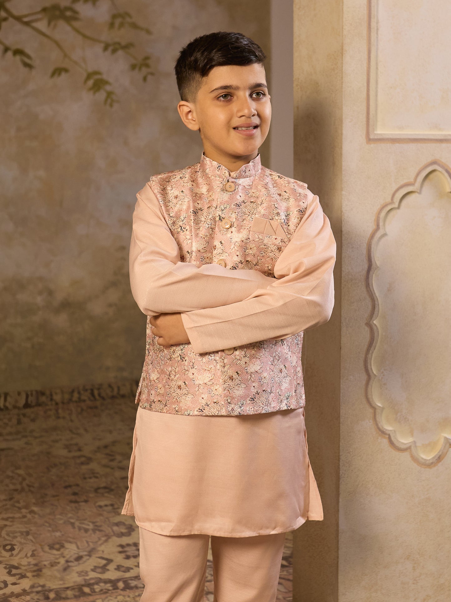 AJ Dezines Beige Cotton Blend Full sleeves Floral Printed Kurta Pyjama Waistcoat for Boys