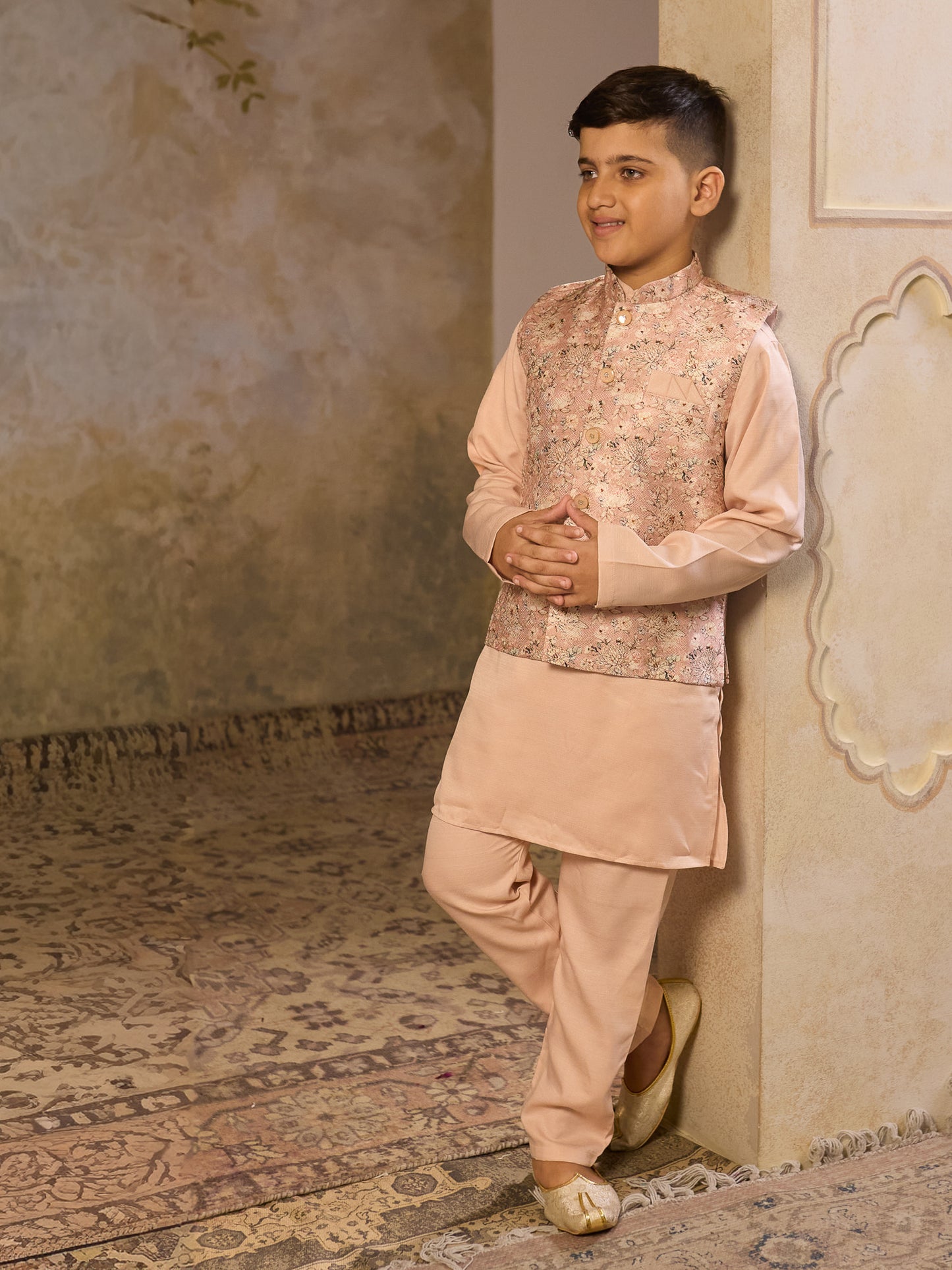 AJ Dezines Beige Cotton Blend Full sleeves Floral Printed Kurta Pyjama Waistcoat for Boys