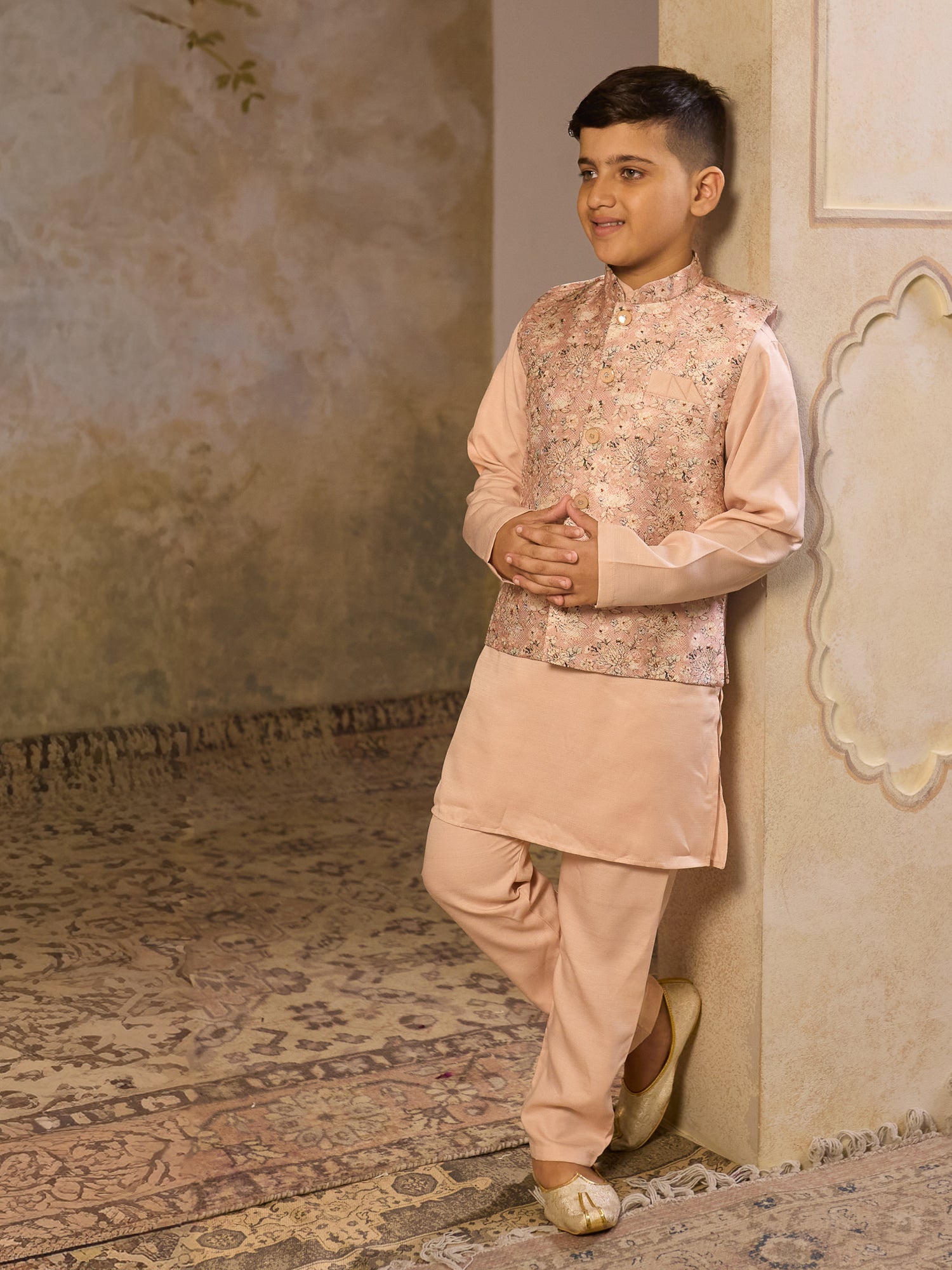 Boys Beige Cotton Blend Kurta Pyjama with Full Sleeves & Floral Print Waistcoat
