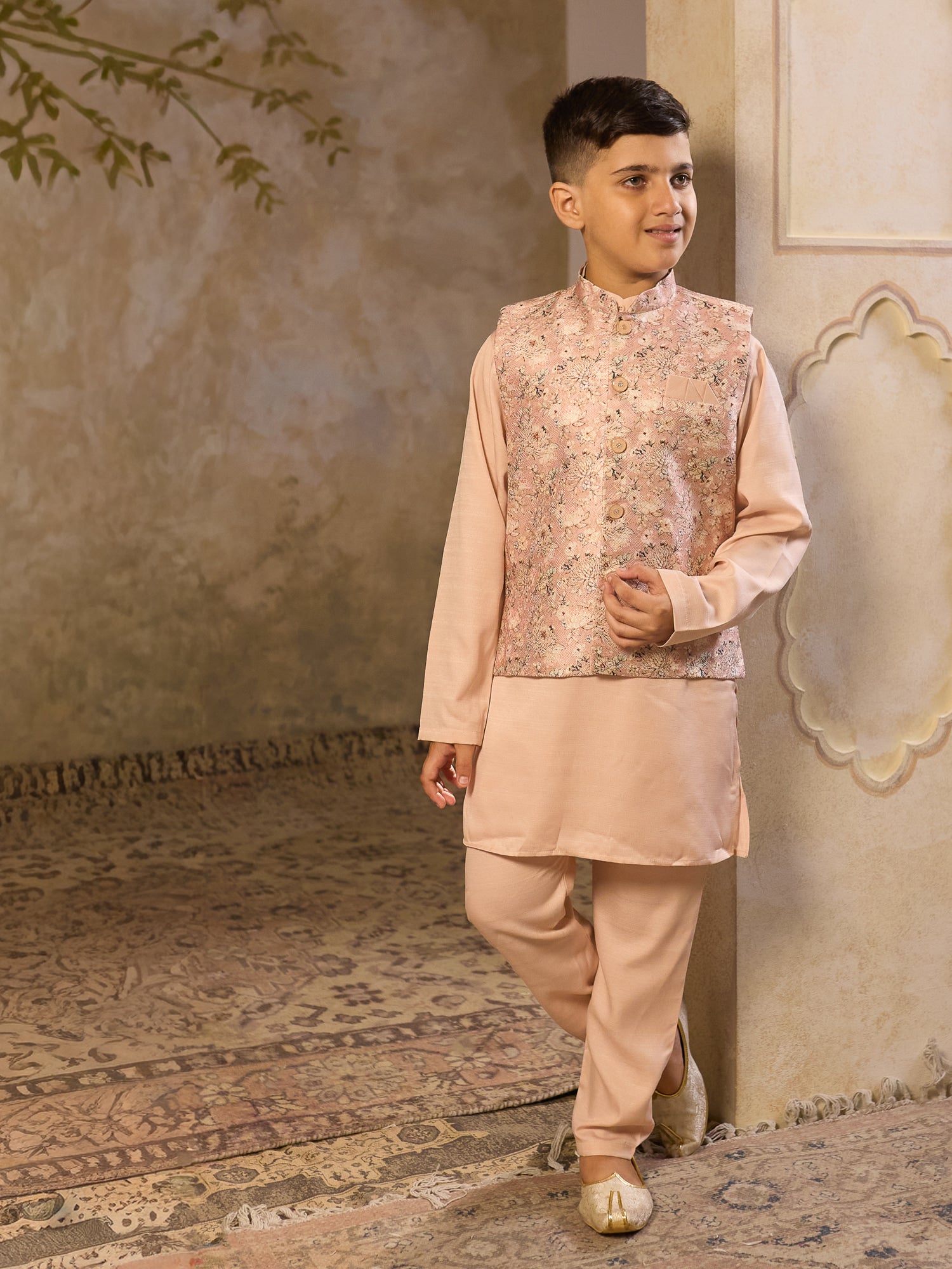 Boys Beige Cotton Blend Kurta Pyjama with Full Sleeves & Floral Print Waistcoat