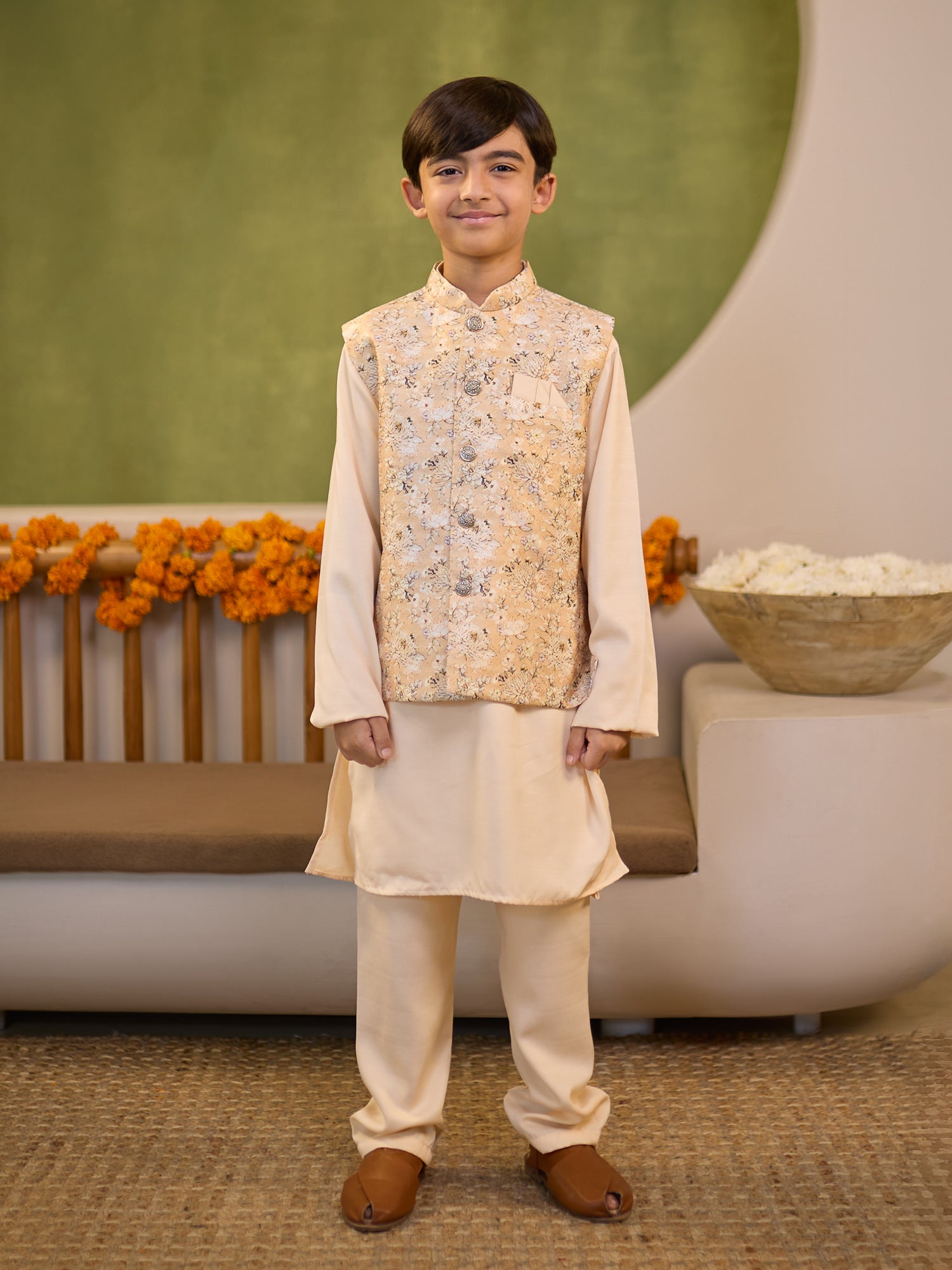 Boys Cream Cotton Blend Kurta Pyjama with Full Sleeves & Floral Print Waistcoat