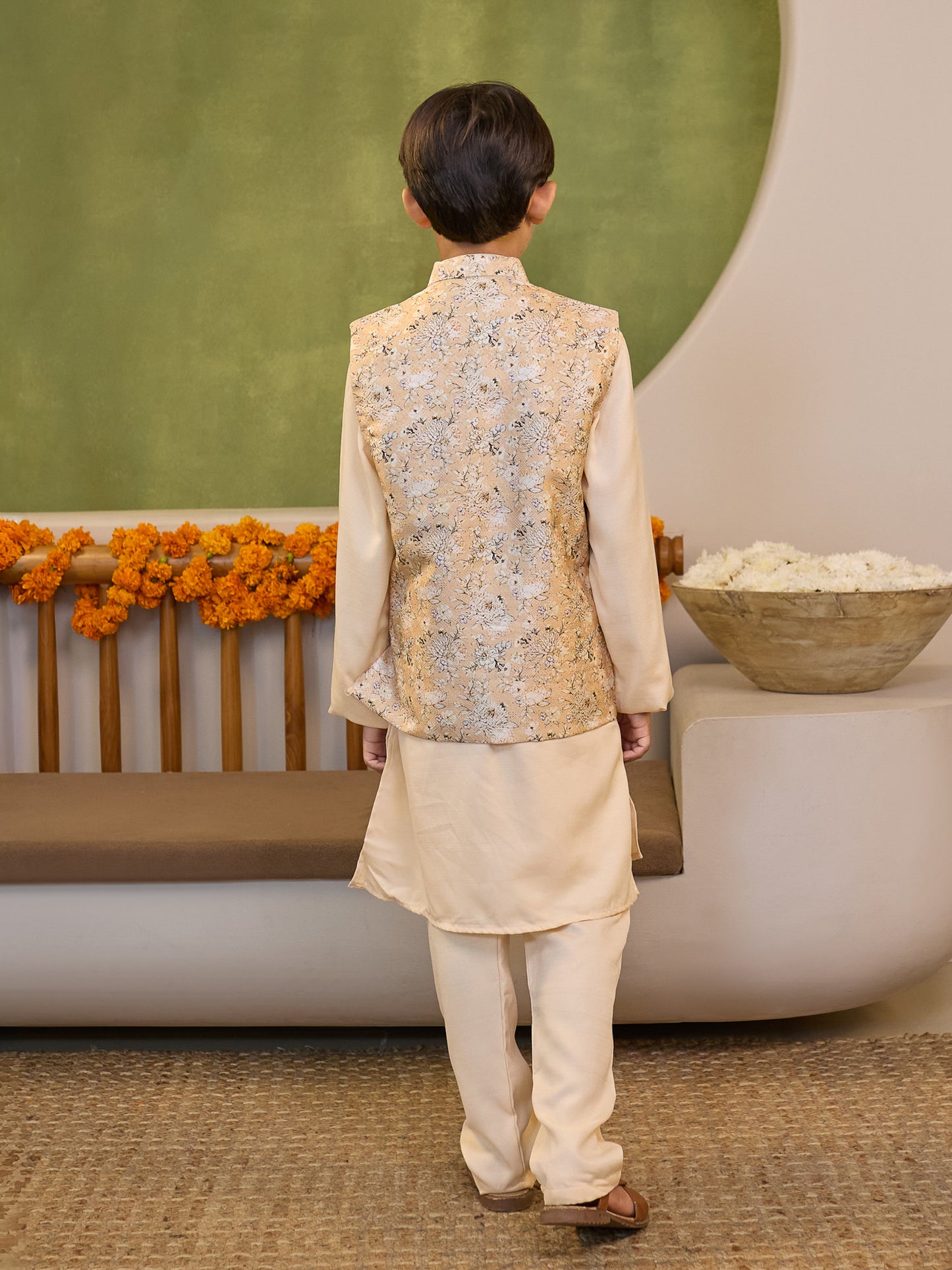 Boys Cream Cotton Blend Kurta Pyjama with Full Sleeves & Floral Print Waistcoat