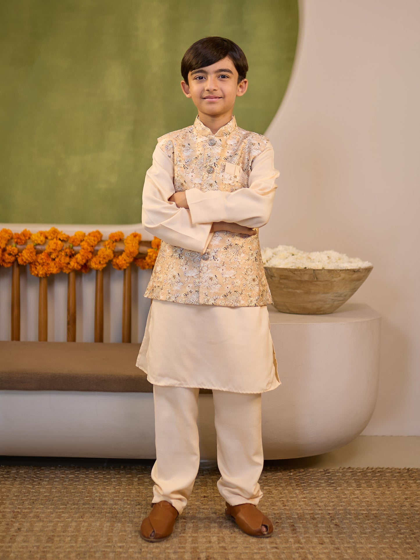 Boys Cream Cotton Blend Kurta Pyjama with Full Sleeves & Floral Print Waistcoat