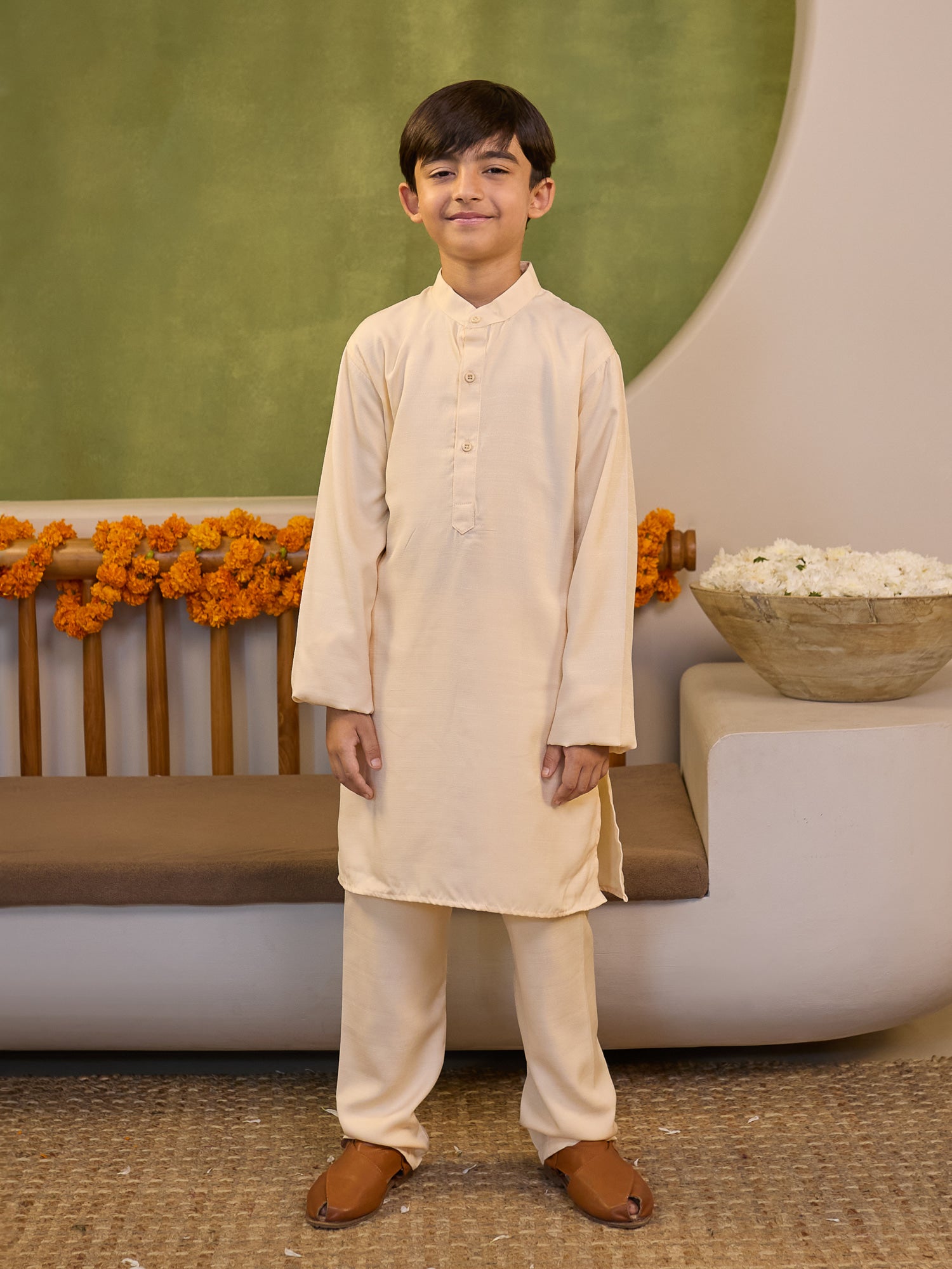 Boys Cream Cotton Blend Kurta Pyjama with Full Sleeves & Floral Print Waistcoat