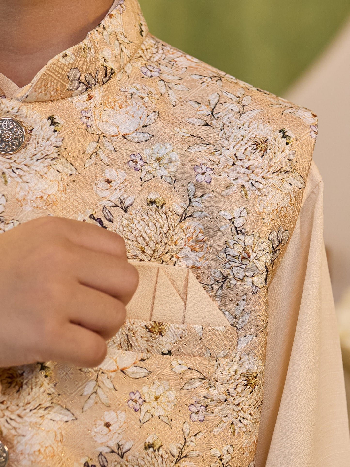 Boys Cream Cotton Blend Kurta Pyjama with Full Sleeves & Floral Print Waistcoat