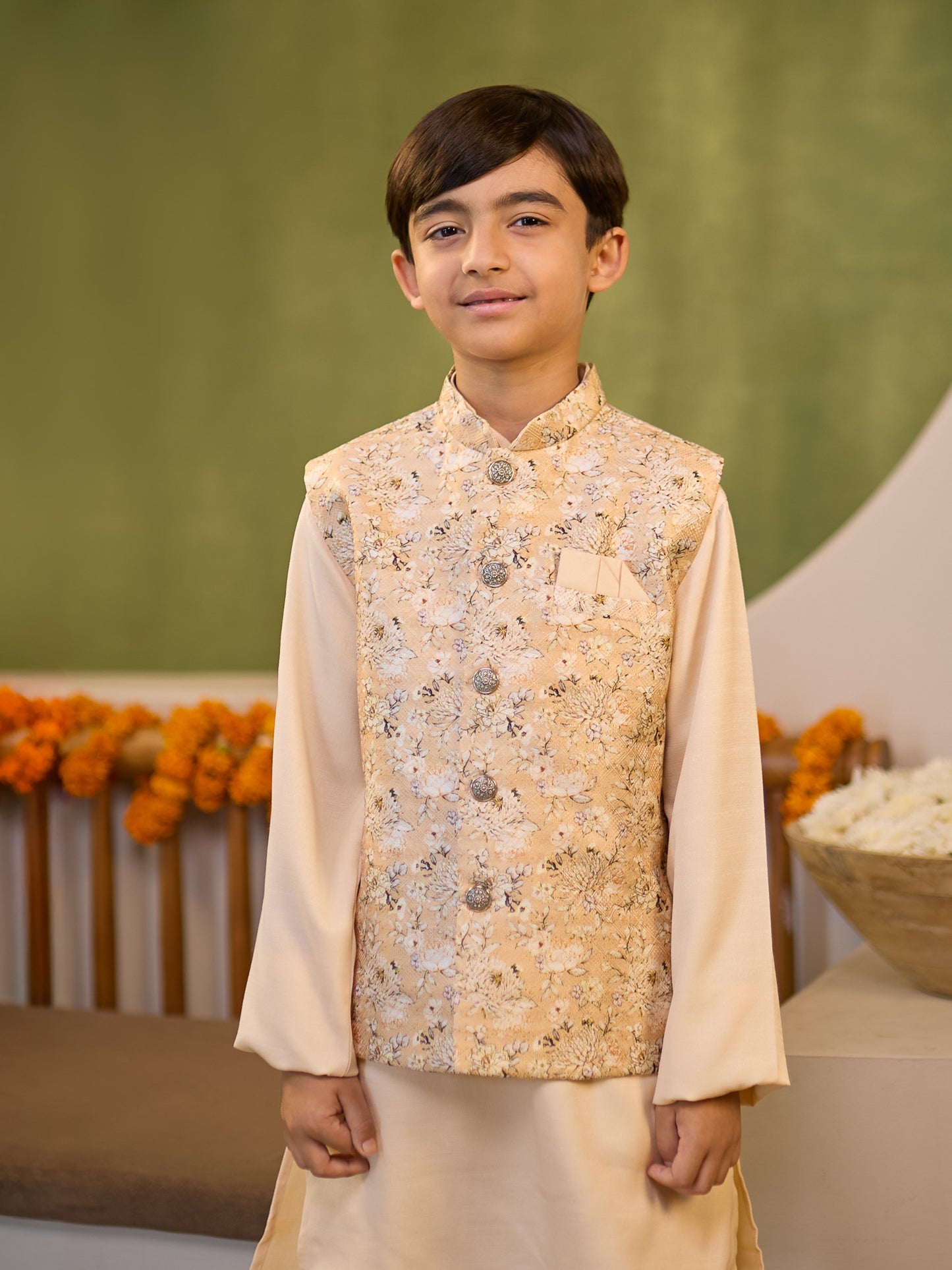 Boys Cream Cotton Blend Kurta Pyjama with Full Sleeves & Floral Print Waistcoat
