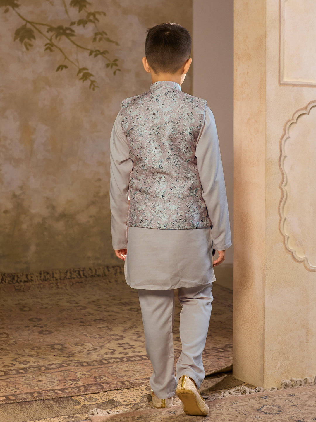 Grey Cotton Blend Full Sleeves Floral Printed Kurta Pyjama with Waistcoat for Boys