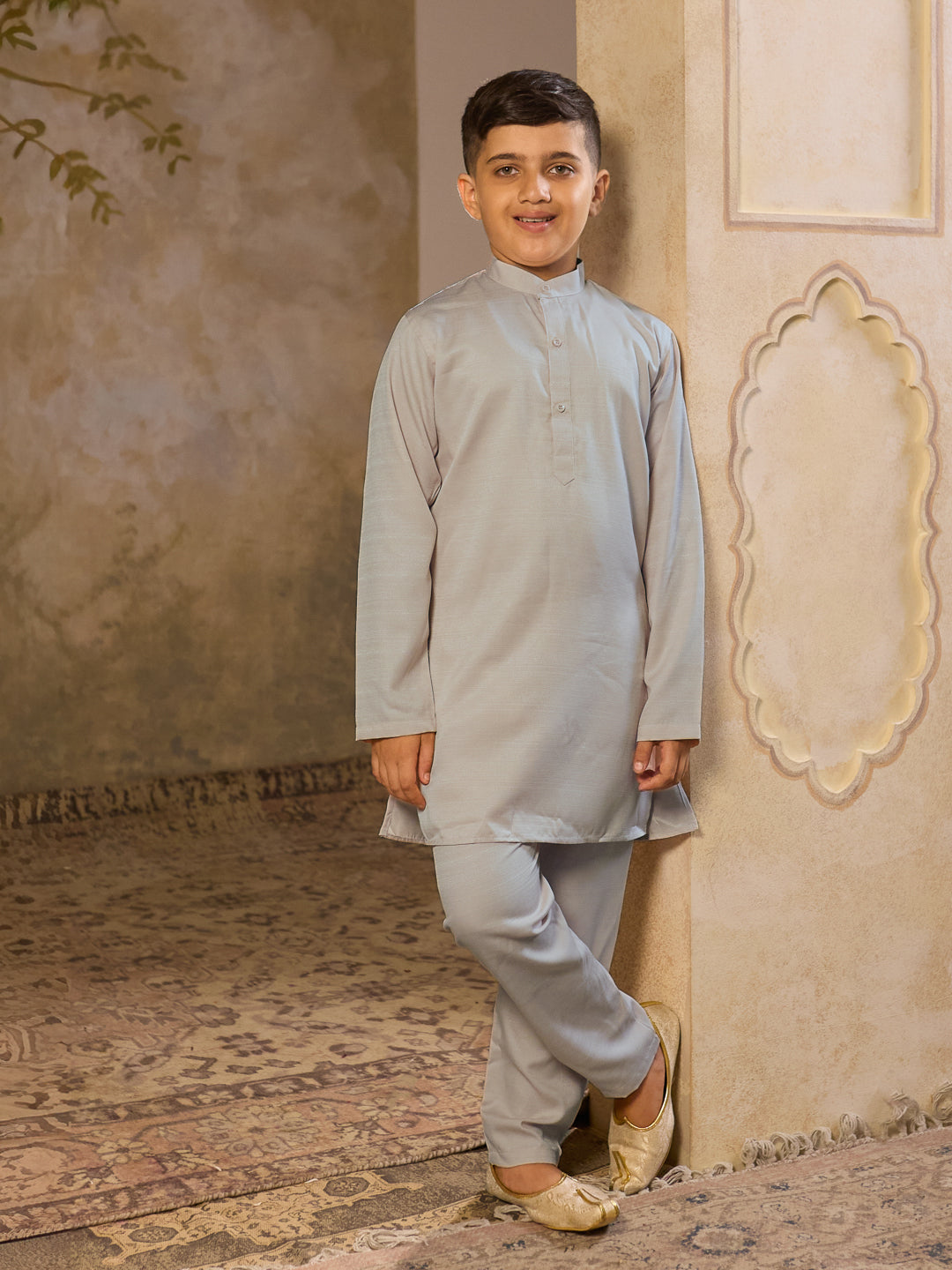 Grey Cotton Blend Full Sleeves Floral Printed Kurta Pyjama with Waistcoat for Boys