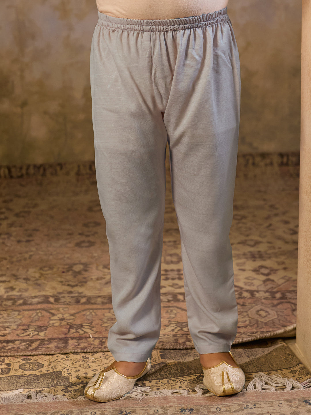 Grey Cotton Blend Full Sleeves Floral Printed Kurta Pyjama with Waistcoat for Boys
