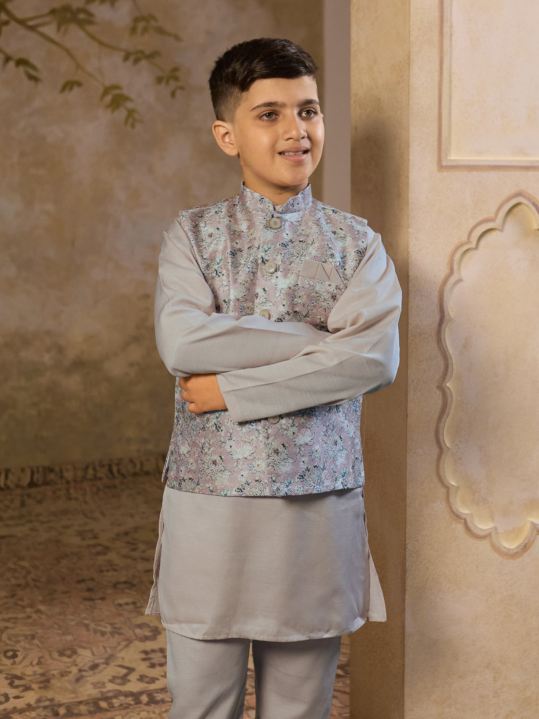 Grey Cotton Blend Full Sleeves Floral Printed Kurta Pyjama with Waistcoat for Boys