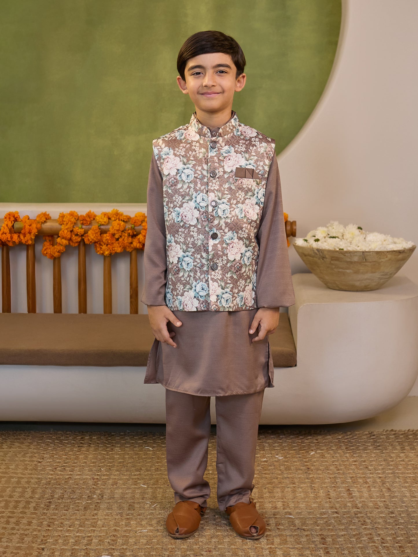 Boys Brown Cotton Blend Kurta Pyjama with Full Sleeves & Floral Print Waistcoat