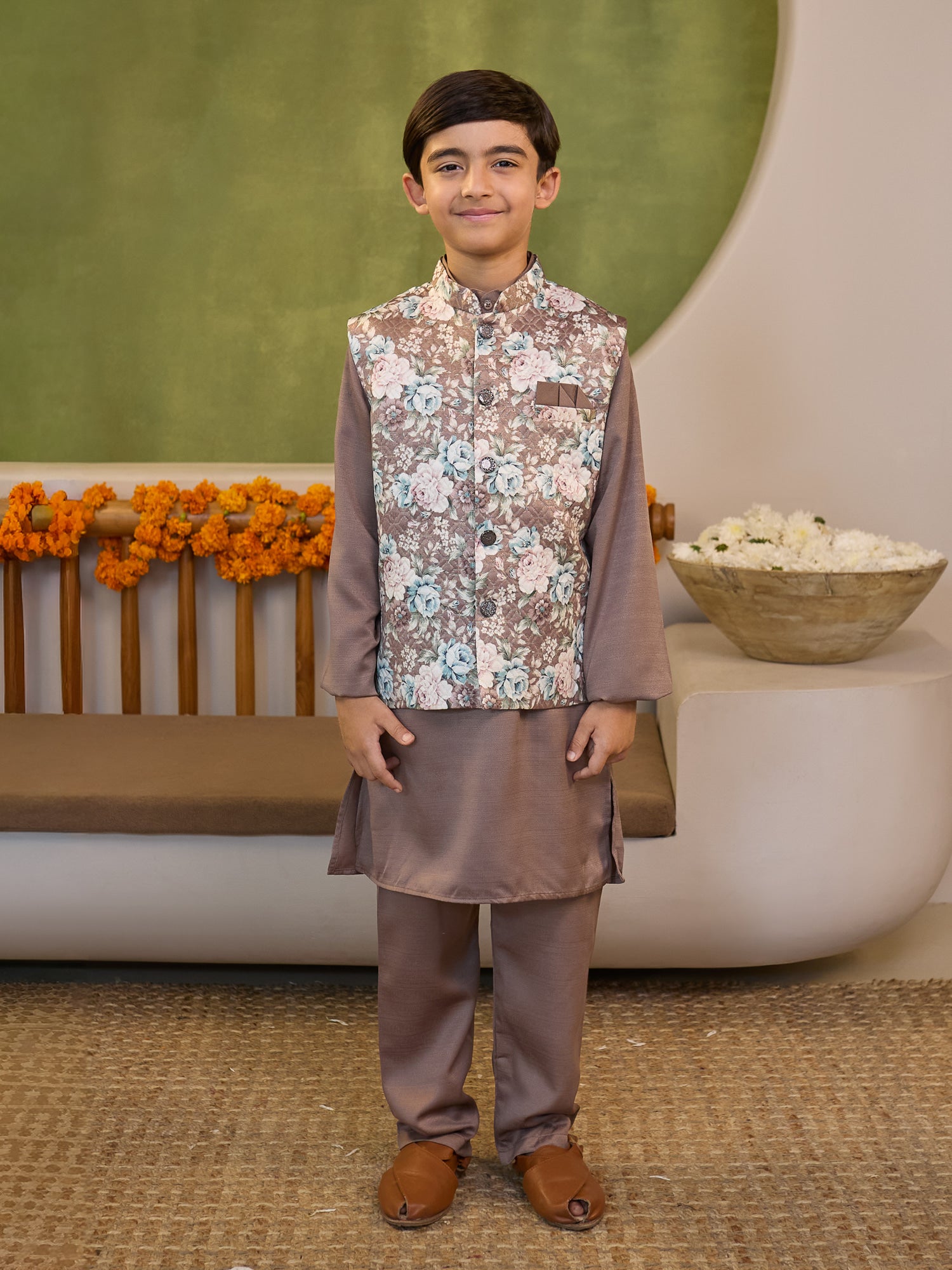 Boys Brown Cotton Blend Kurta Pyjama with Full Sleeves & Floral Print Waistcoat