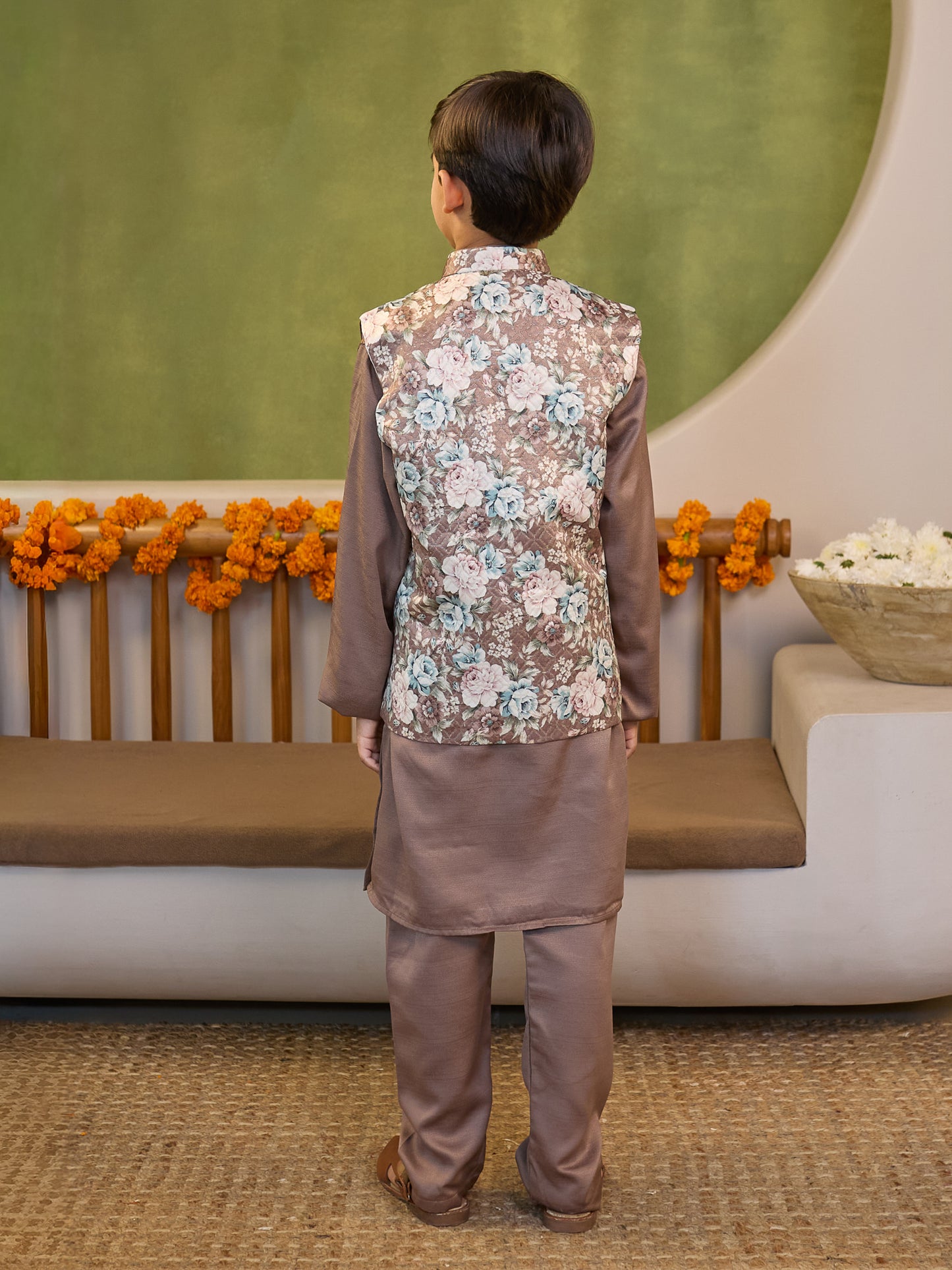 Boys Brown Cotton Blend Kurta Pyjama with Full Sleeves & Floral Print Waistcoat