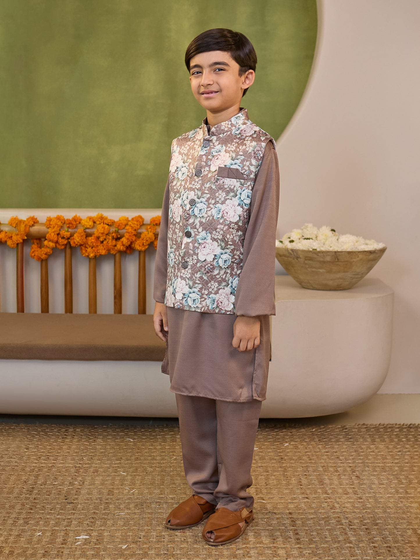 Boys Brown Cotton Blend Kurta Pyjama with Full Sleeves & Floral Print Waistcoat