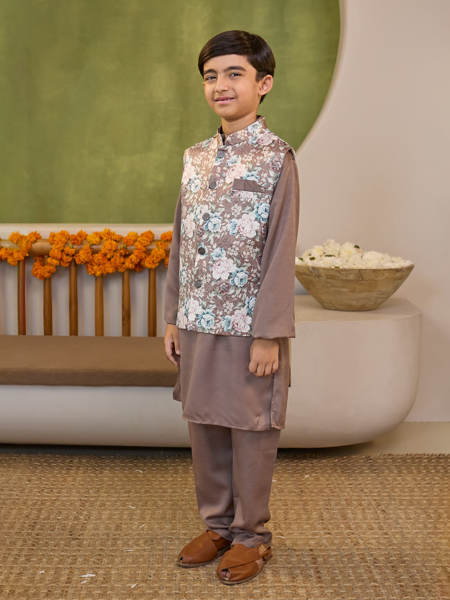Boys Brown Cotton Blend Kurta Pyjama with Full Sleeves & Floral Print Waistcoat