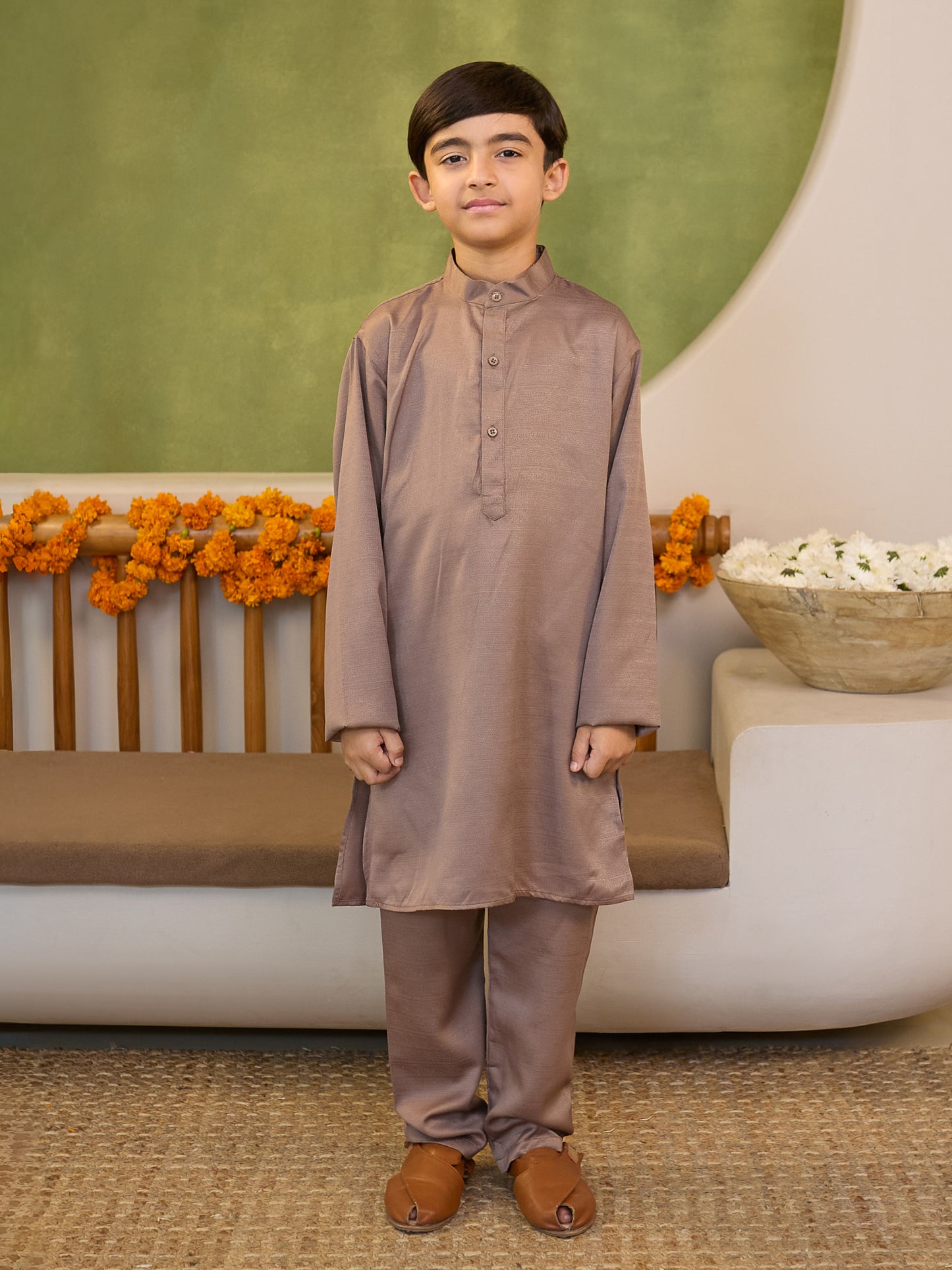 Boys Brown Cotton Blend Kurta Pyjama with Full Sleeves & Floral Print Waistcoat