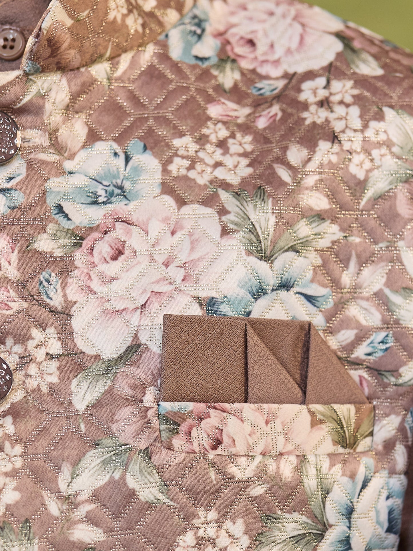 Boys Brown Cotton Blend Kurta Pyjama with Full Sleeves & Floral Print Waistcoat