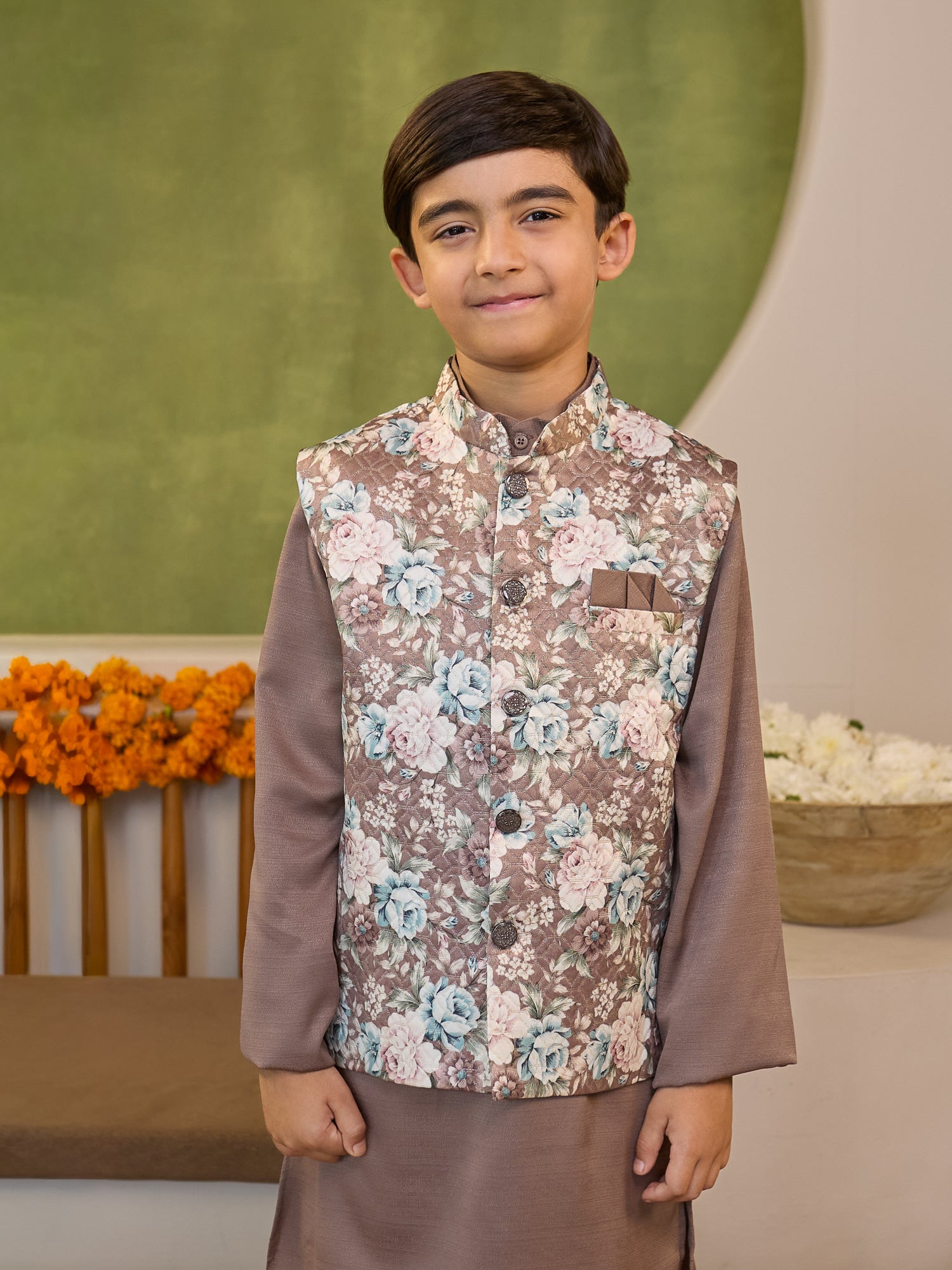 Boys Brown Cotton Blend Kurta Pyjama with Full Sleeves & Floral Print Waistcoat