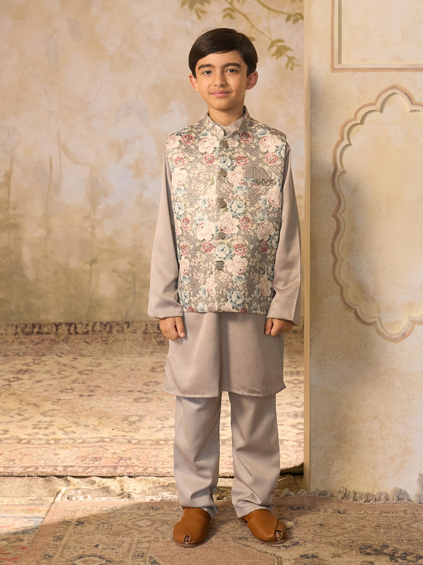 Boys Grey Cotton Blend Kurta Pyjama with Full Sleeves & Floral Print Waistcoat