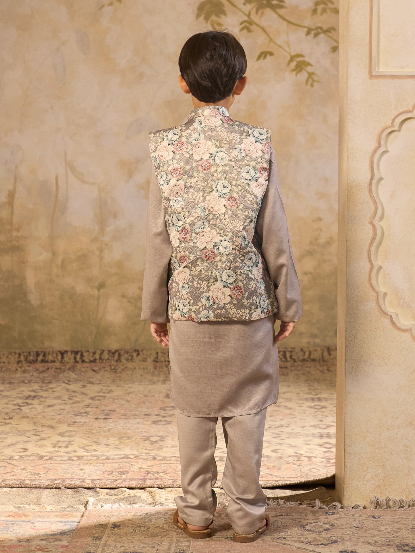 Boys Grey Cotton Blend Kurta Pyjama with Full Sleeves & Floral Print Waistcoat