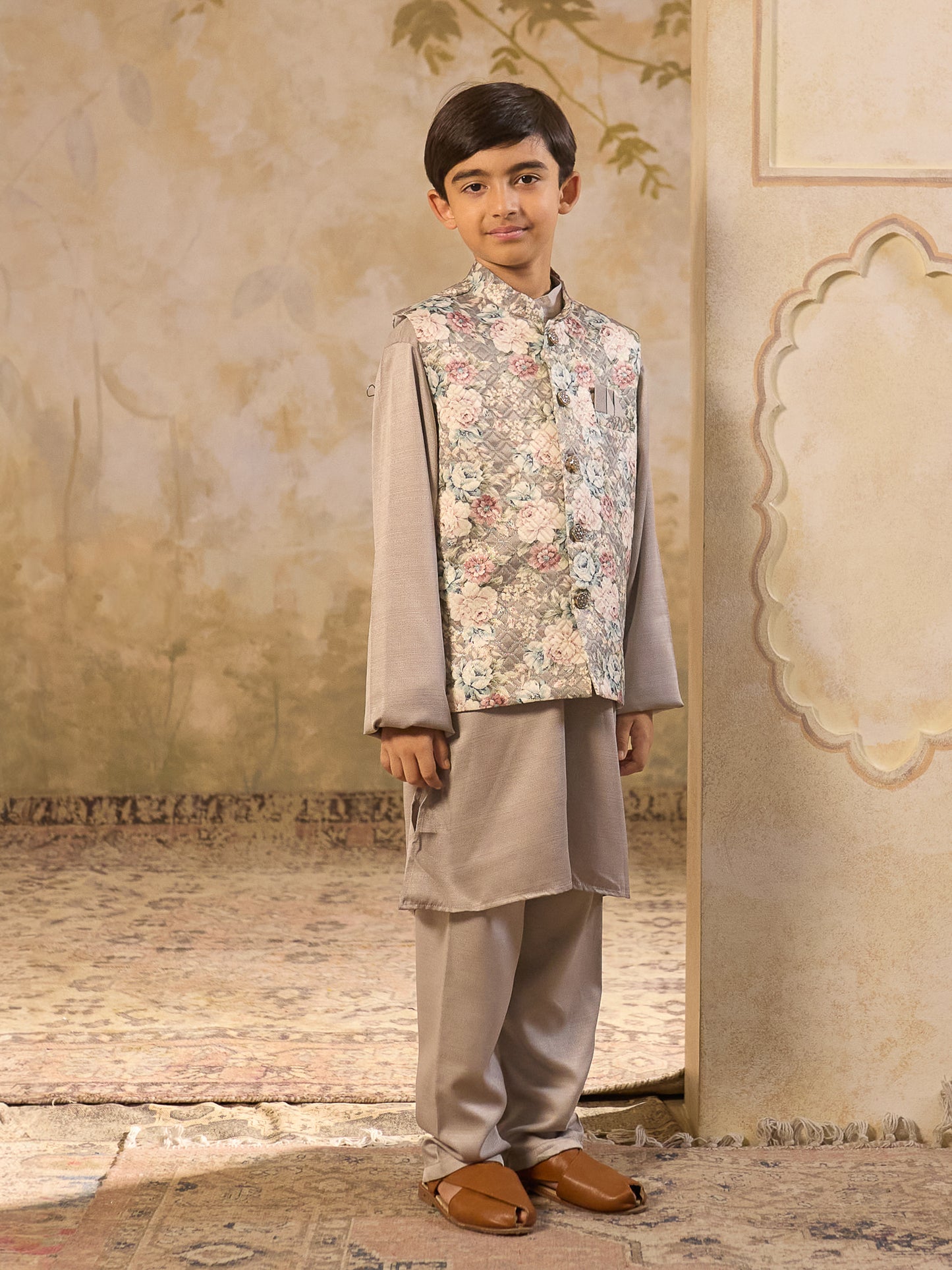 Boys Grey Cotton Blend Kurta Pyjama with Full Sleeves & Floral Print Waistcoat
