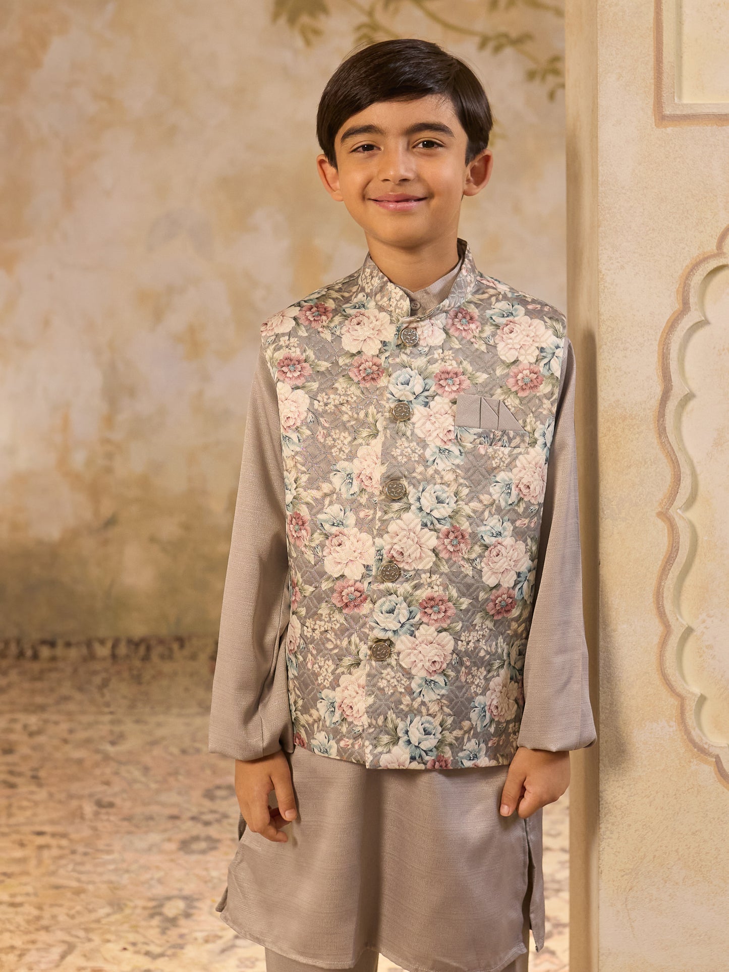 Boys Grey Cotton Blend Kurta Pyjama with Full Sleeves & Floral Print Waistcoat