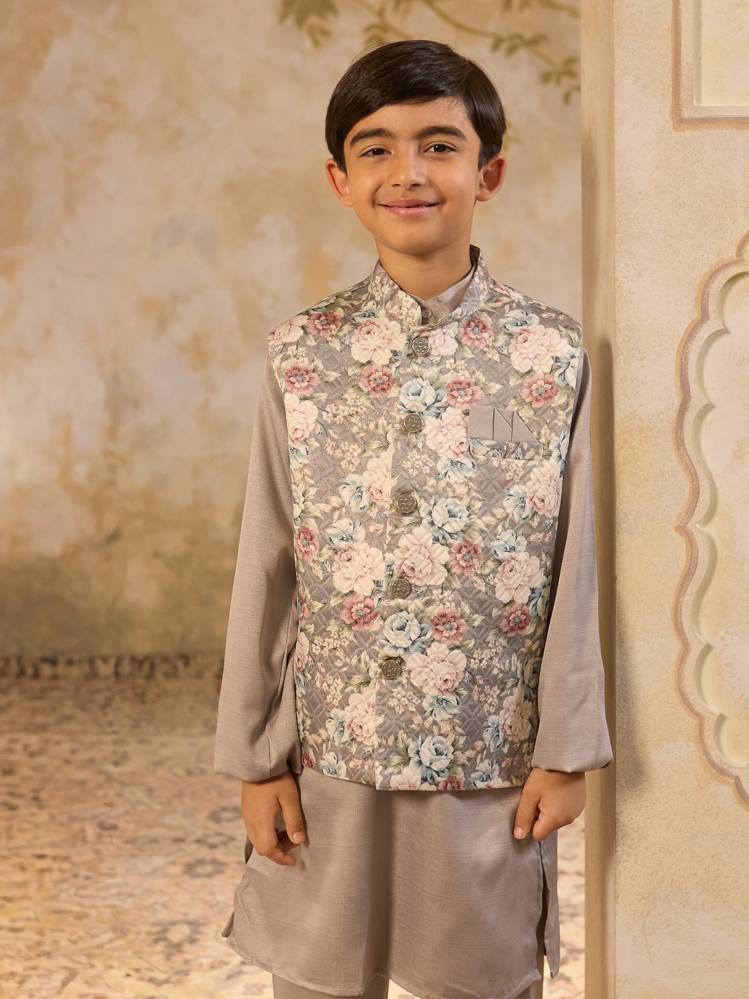 Boys Grey Cotton Blend Kurta Pyjama with Full Sleeves & Floral Print Waistcoat